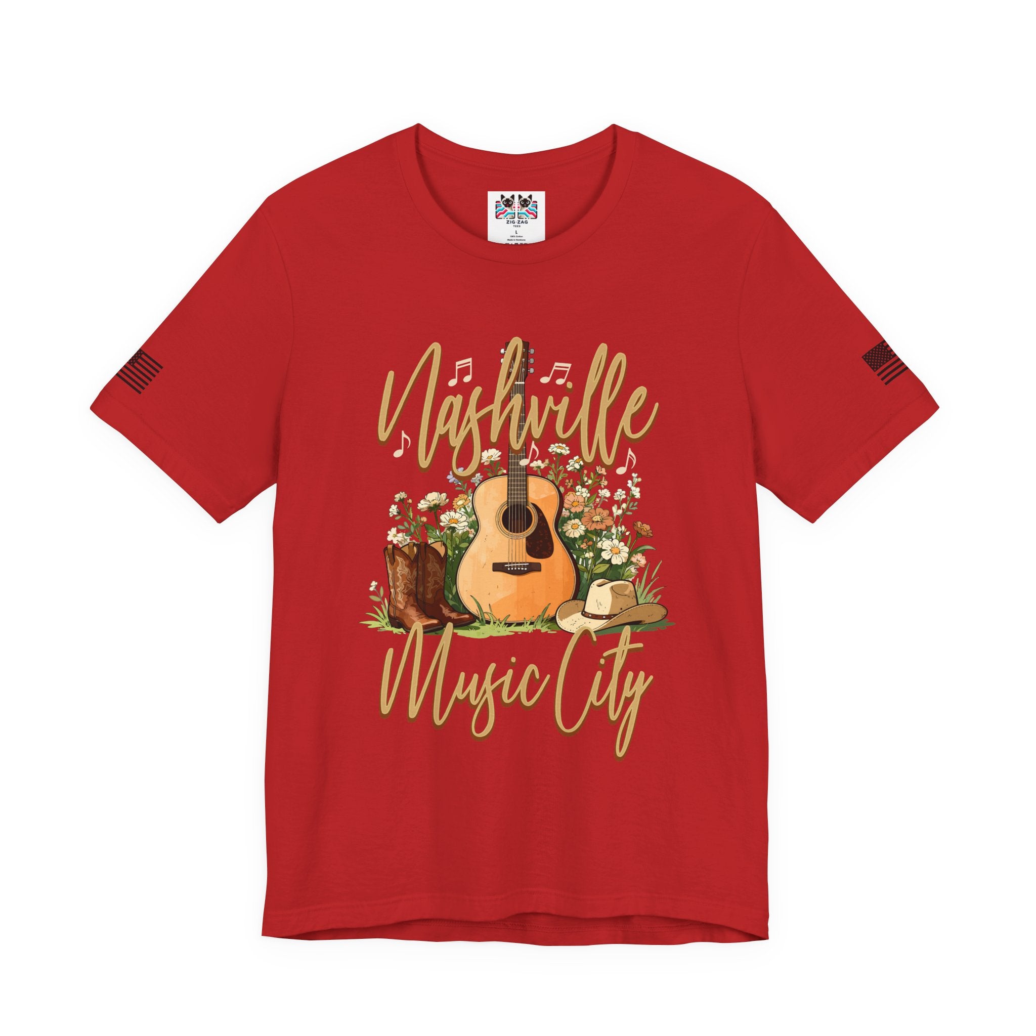 Nashville Music City T-Shirt – Acoustic Guitar Cowboy Hat Boots Floral Script Graphic Tee
