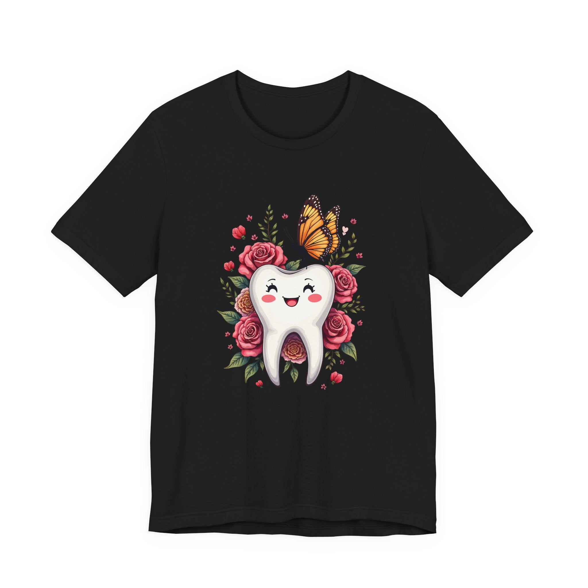 Smile T Shirt Featuring Large Smiling Tooth Surrounded by Flowers Leaves and Butterflies