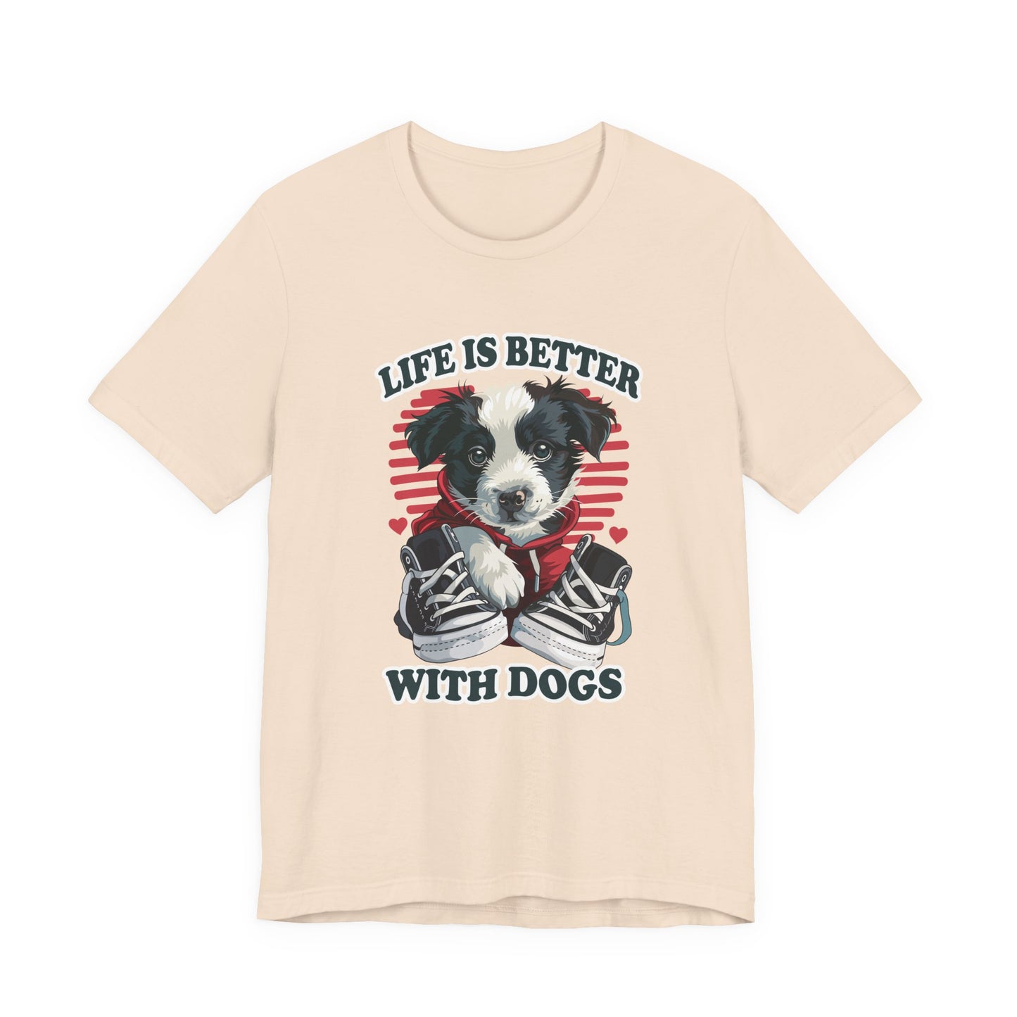 Life Is Better With Dogs T Shirt Cuddly Dog in Jacket Sitting by Shoes Graphic