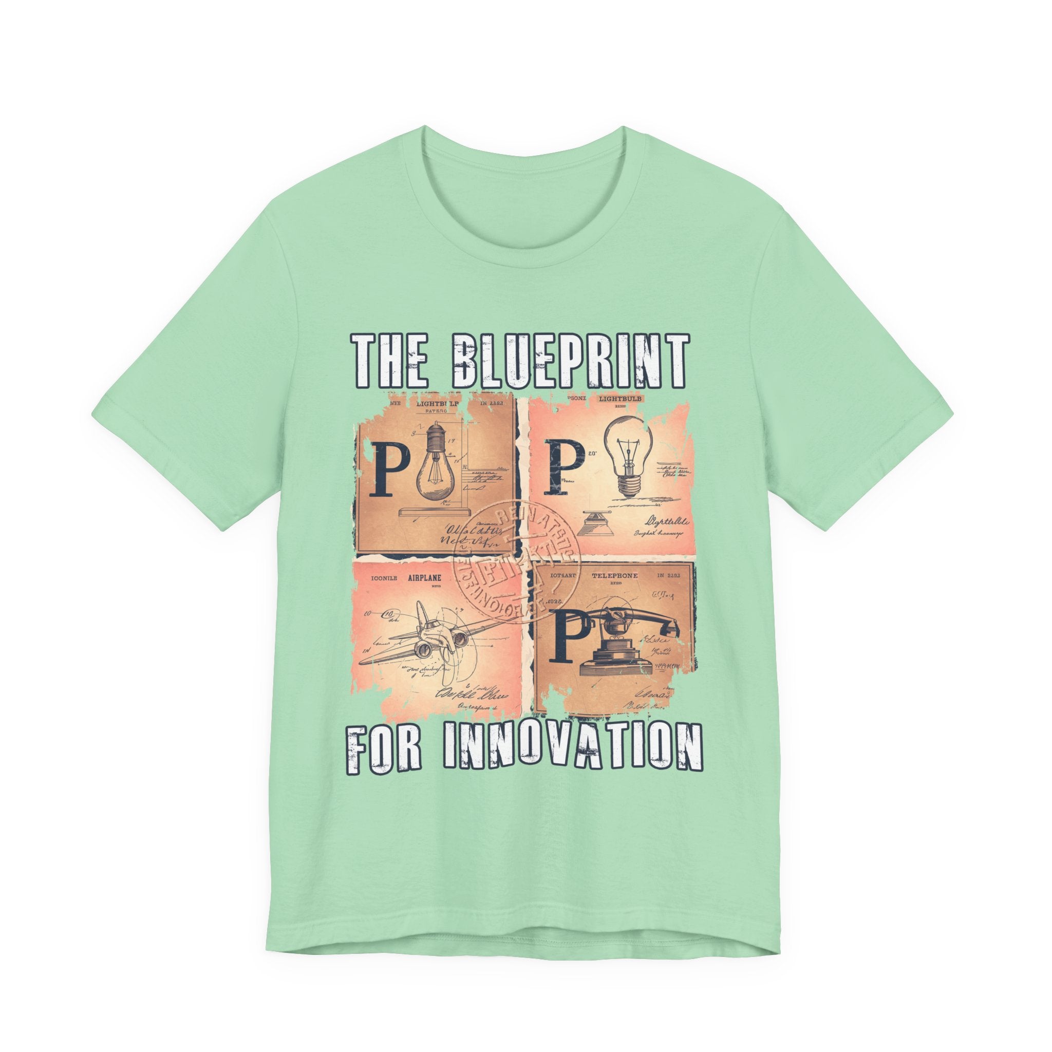 The Blueprint for Innovation Tshirt – Vintage Paper with Iconic Inventions Graphic