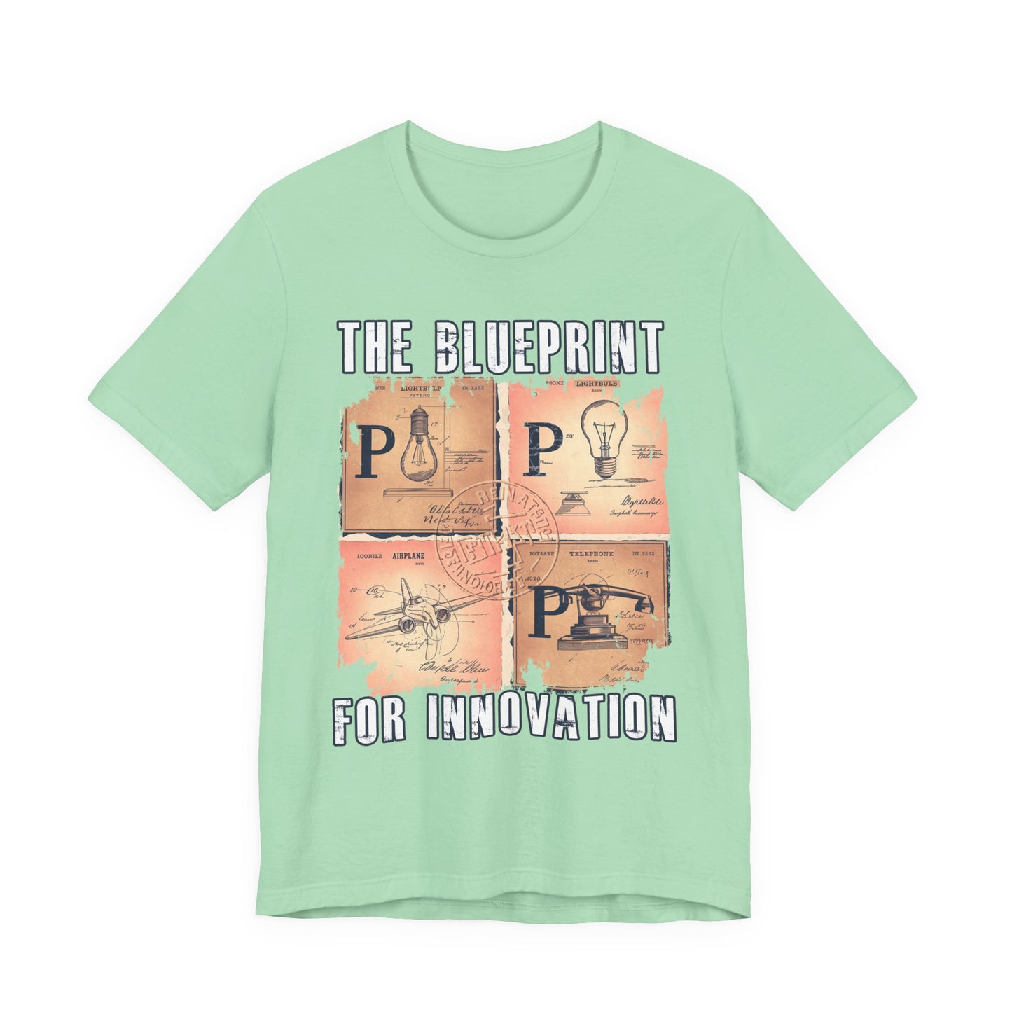 The Blueprint for Innovation Tshirt – Vintage Paper with Iconic Inventions Graphic