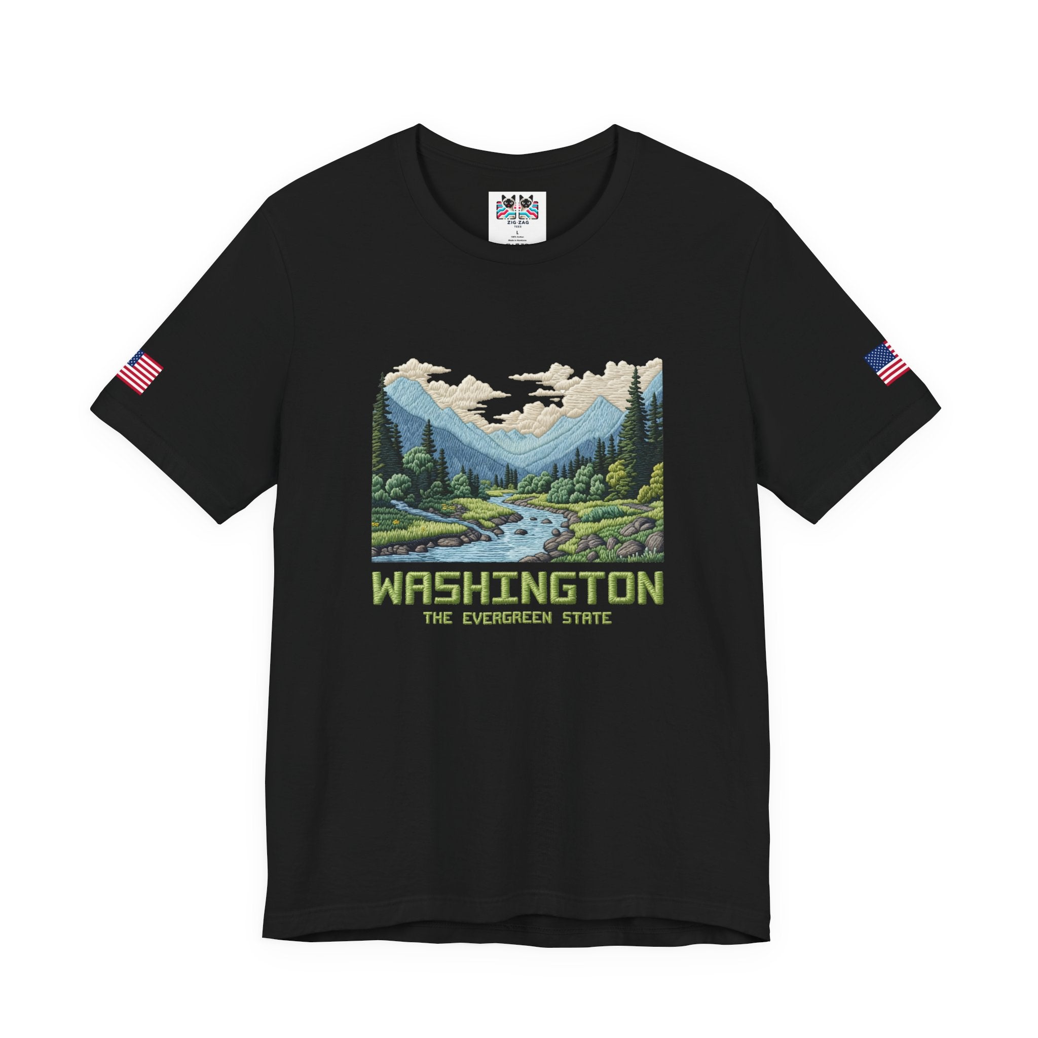 Washington The Evergreen State Embroidery-Style Mountain River Graphic T-Shirt | Pacific Northwest Nature Tee | WA Souvenir