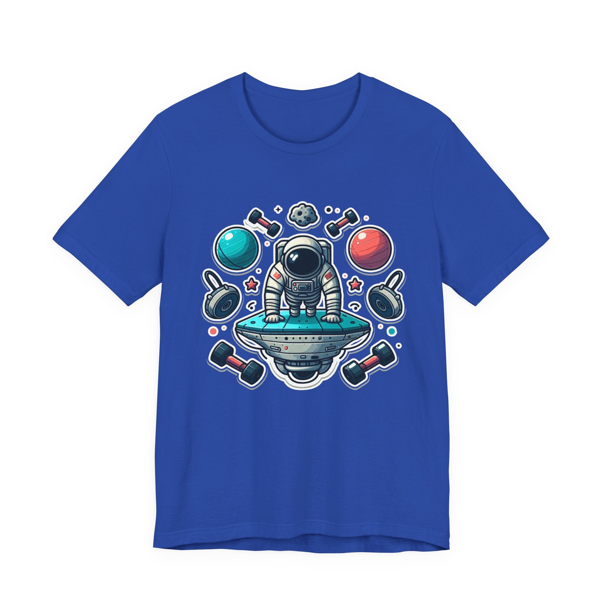 Rocket Science is My Cardio - Astronaut Doing Pushups Tshirt – Space Workout with Gadgets, Planets, and Dumbbells