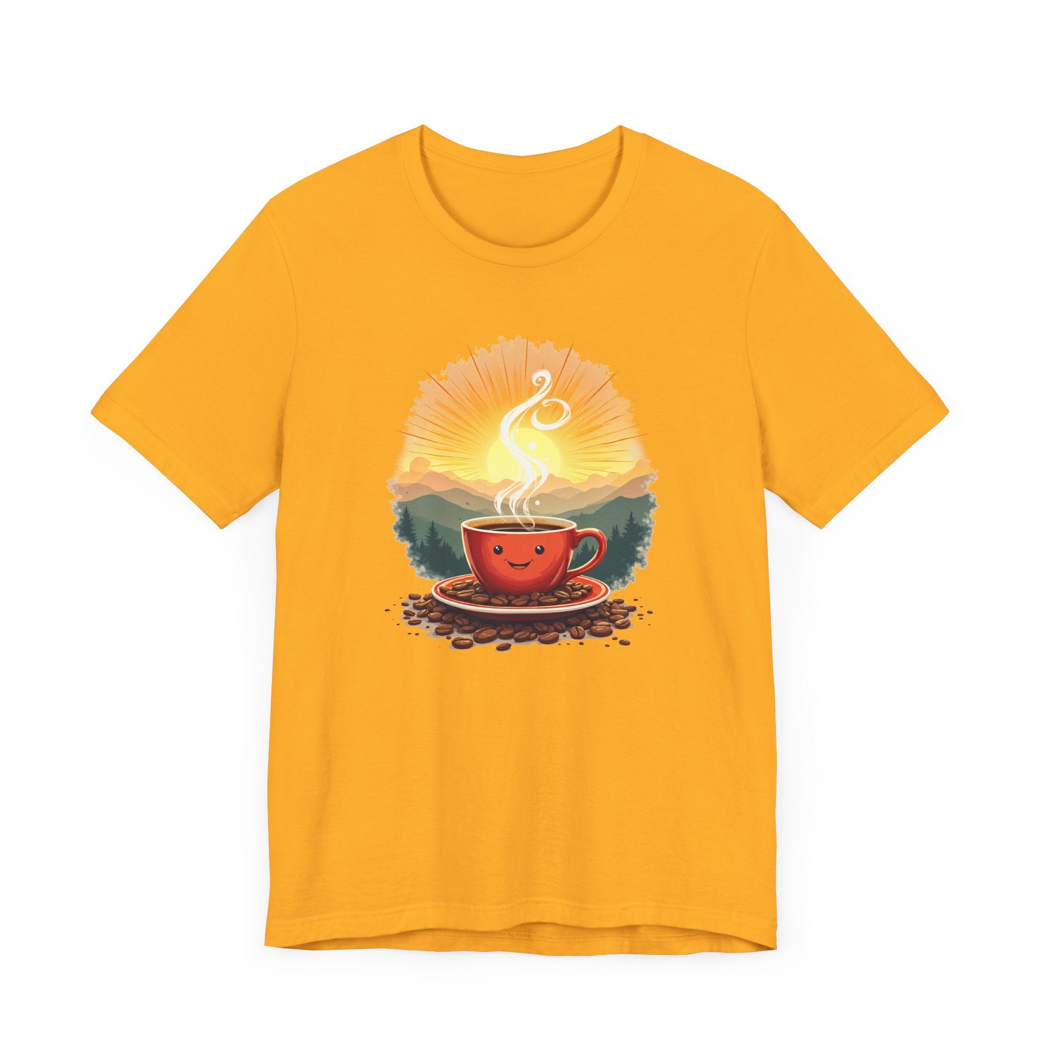 Sunrise Coffee Cup with Coffee Beans and Radiant Morning Glow Graphic T-Shirt