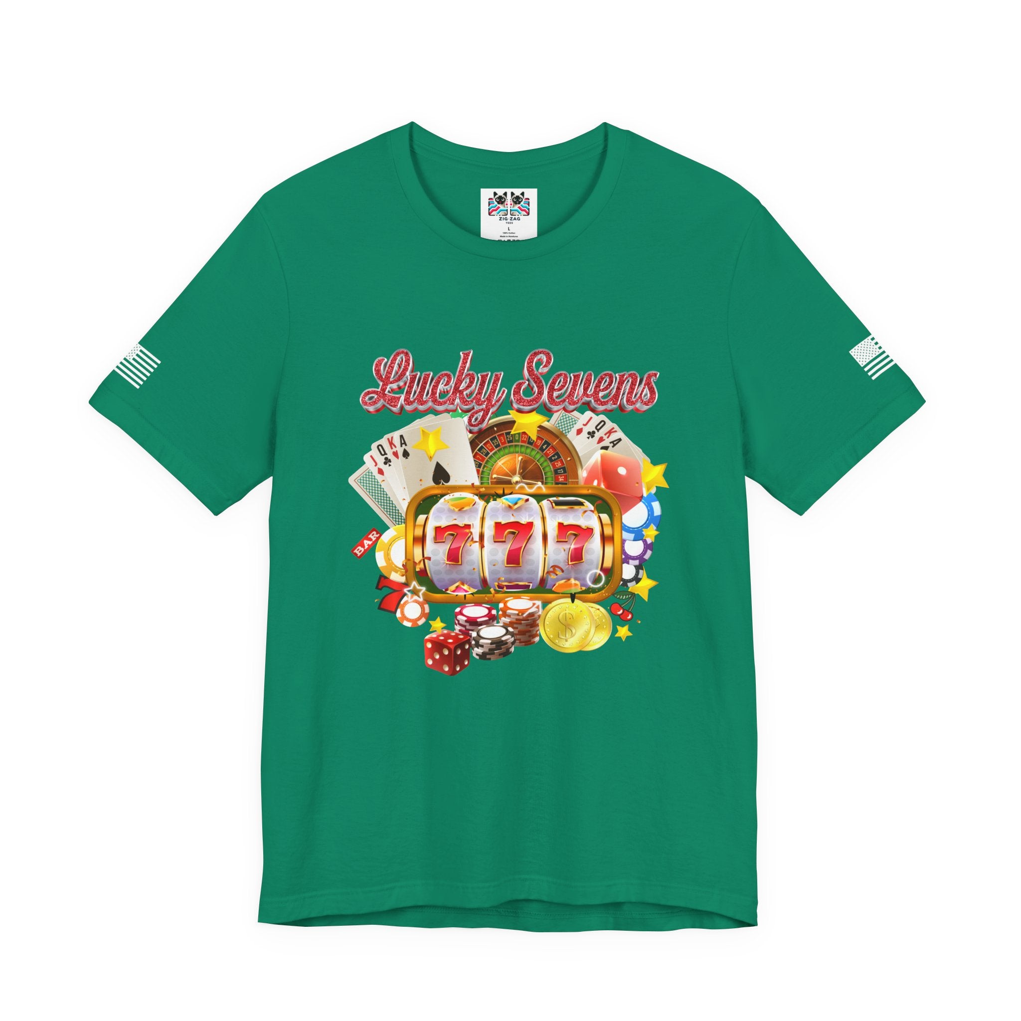 Lucky Sevens Casino T-Shirt – 777 Slot Machine Roulette Poker Chips Vegas Tee