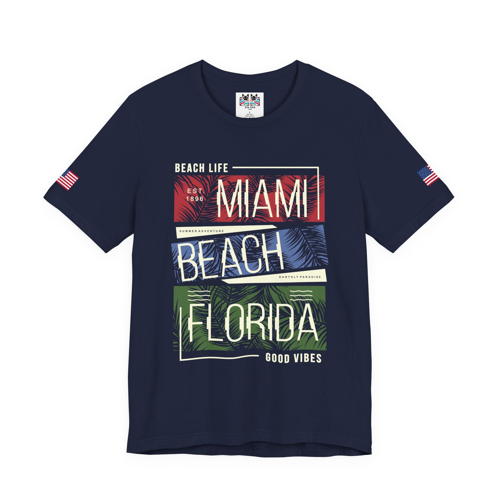 Miami Beach Florida T-Shirt – Beach Life EST 1896 Good Vibes Tropical Panel Graphic Tee