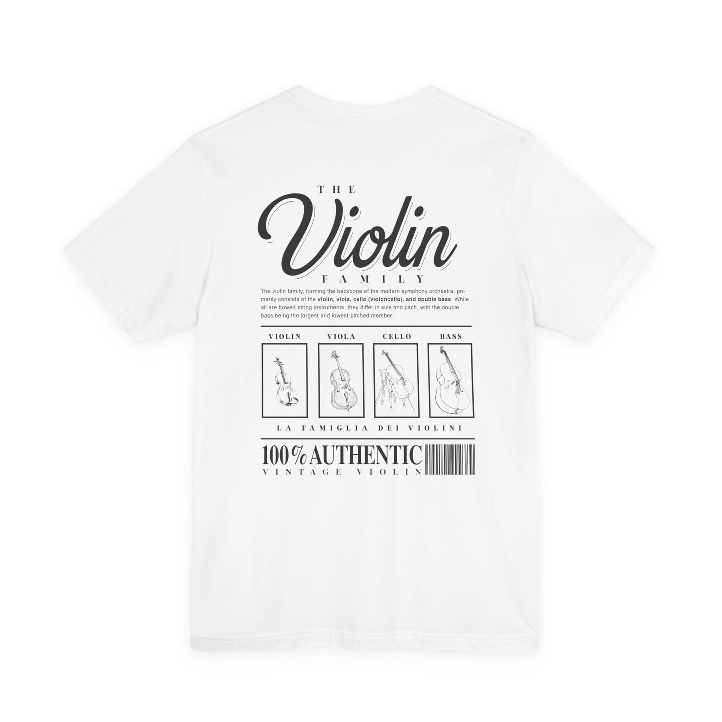 The Violin Family T-Shirt – Illustrated Guide to String Instrument Lineage [Violin, Viola, Cello, Bass]