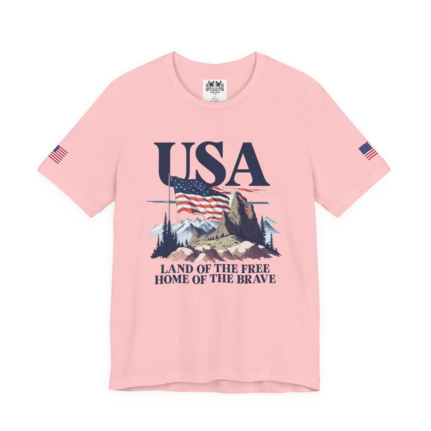 USA Land of the Free Home of the Brave T-Shirt – Mountain Flag Nature Patriotic Graphic Tee