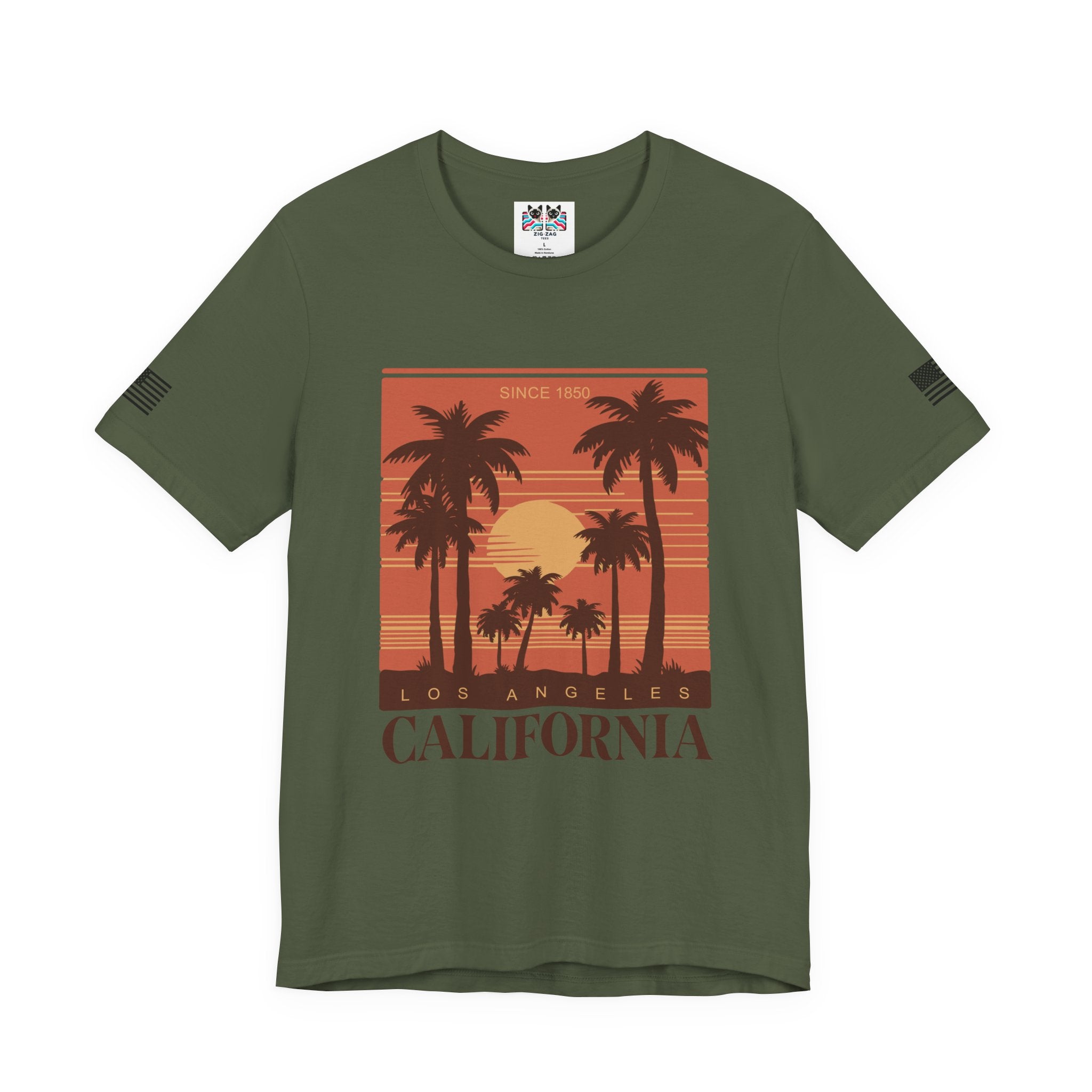 Los Angeles California Since 1850 T-Shirt – Retro Warm Sunset Palm Tree Square Tee