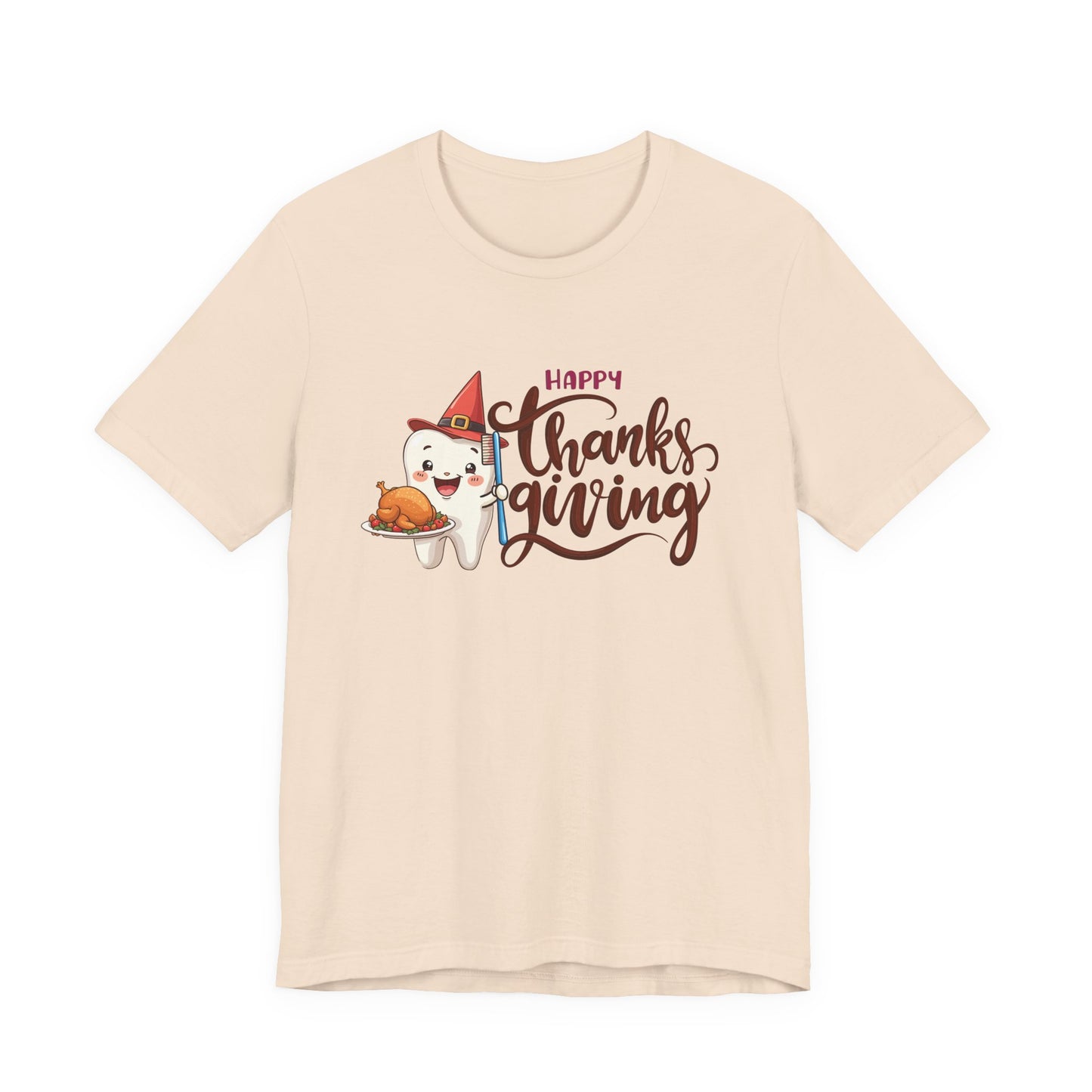 Happy Thanksgiving Dental T Shirt Smiling Tooth with Turkey Plate, Toothbrush, and a Cap