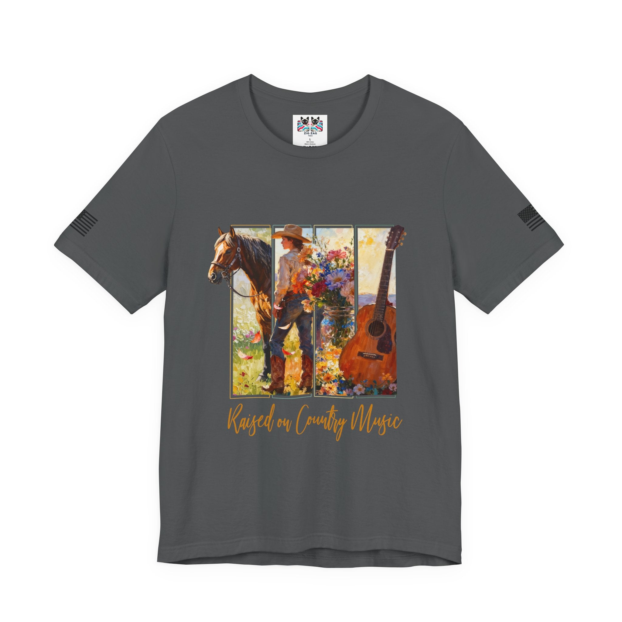 Raised on Country Music T-Shirt – Triptych Horse Cowboy Guitar Floral Illustrated Graphic Tee