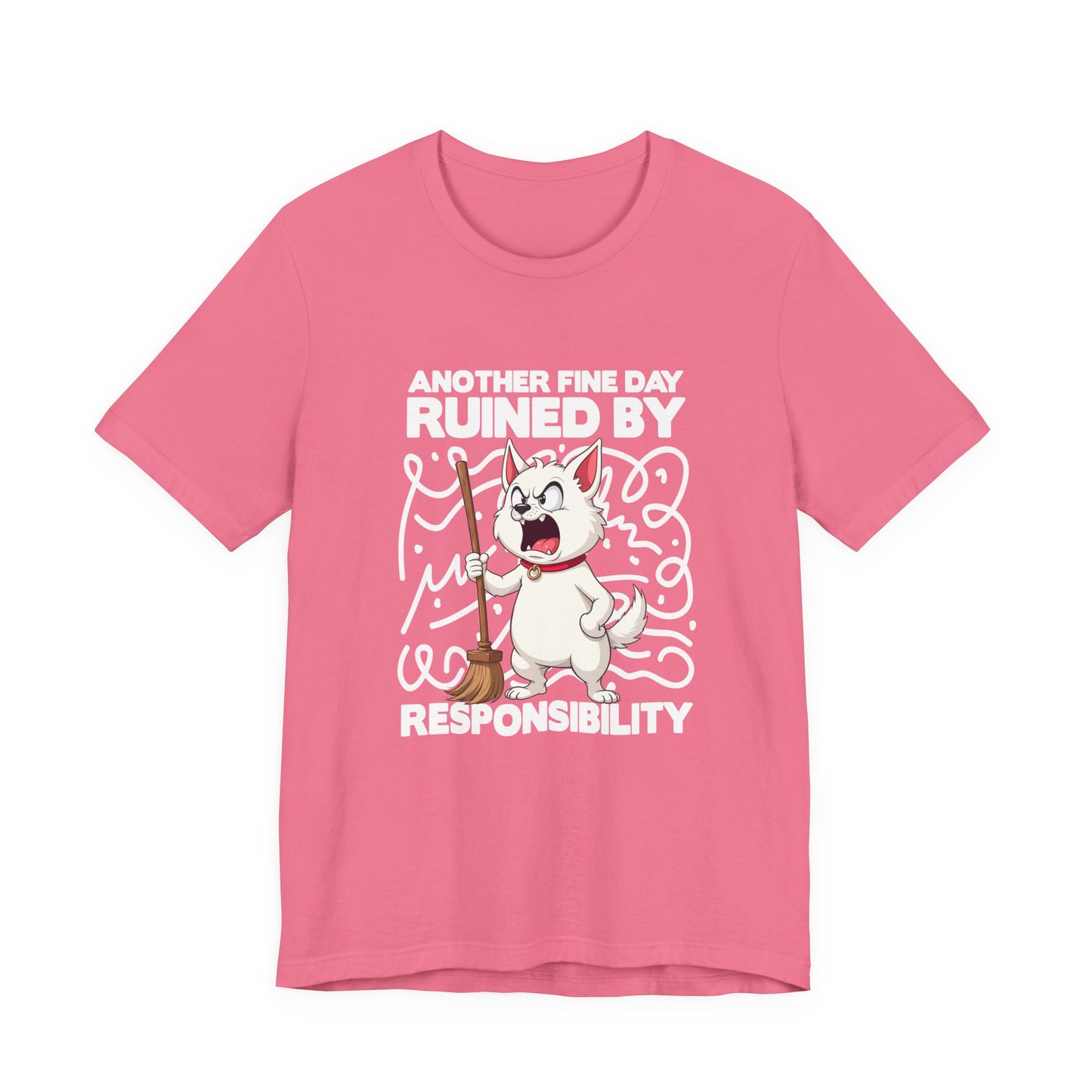 Another Fine Day Ruined By Responsibility T-Shirt – Angry Cat with Broom Graphic Tee