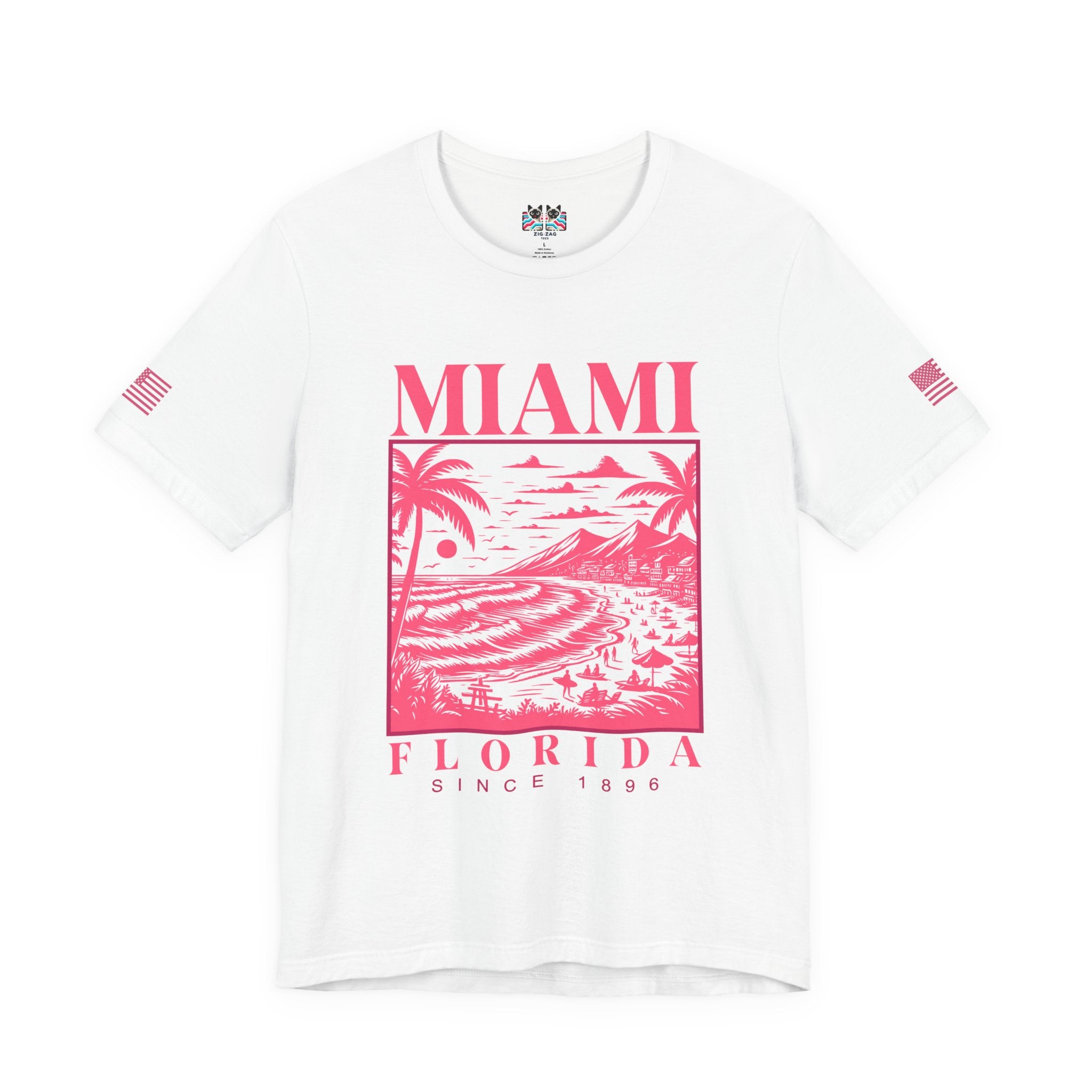 Miami Florida Since 1896 T-Shirt – Engraving Style Beach Scene Palm Tree Graphic Tee