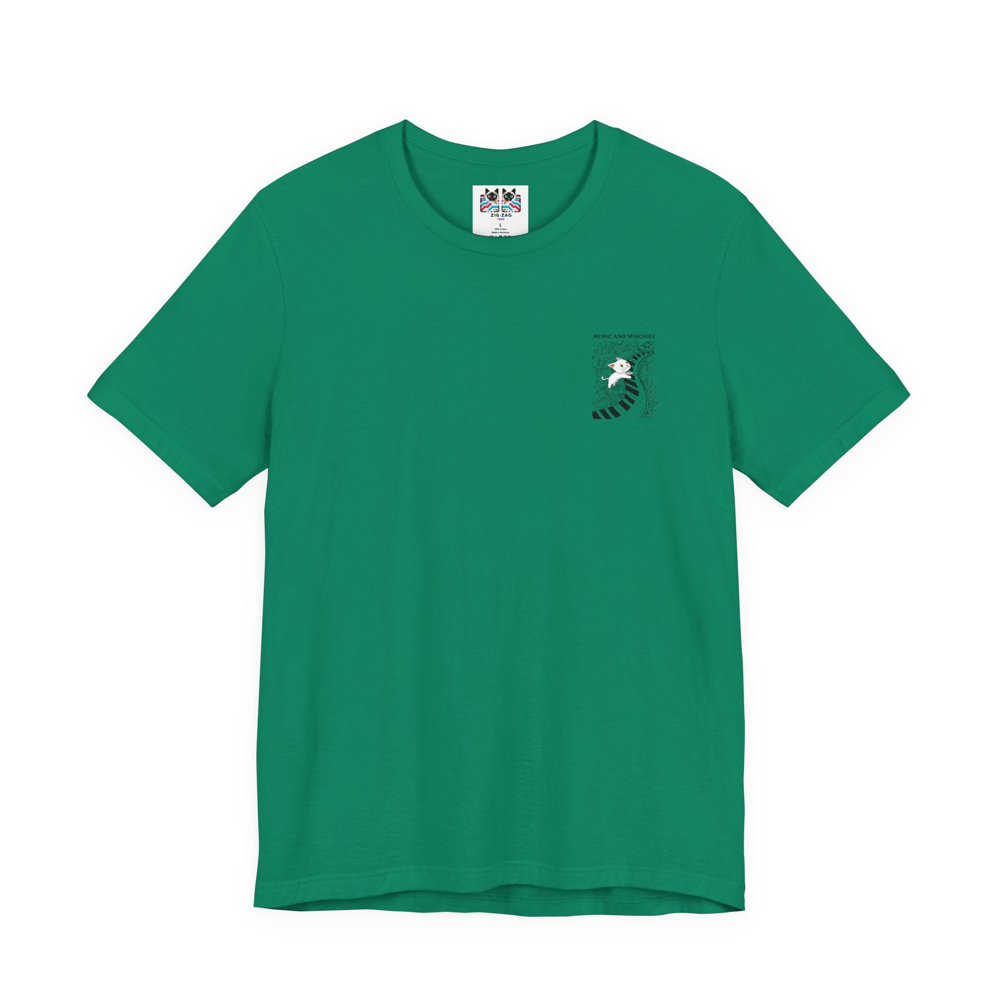 Music and Mischief T-Shirt – Piano and Playful Cat Graphic