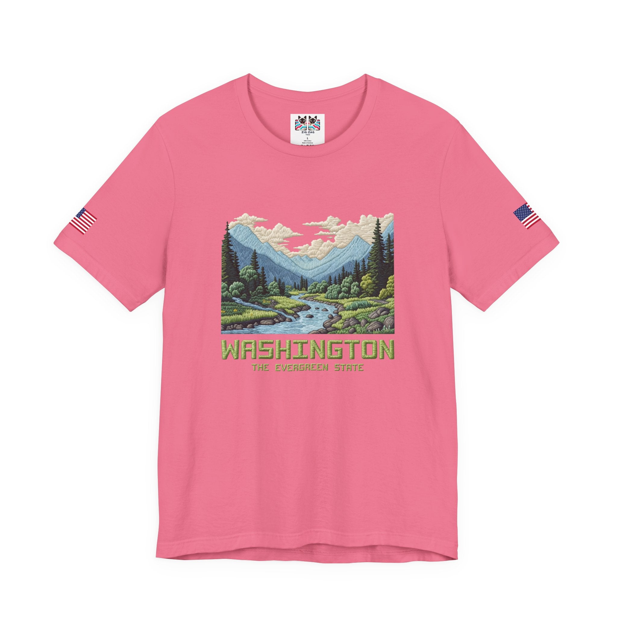 Washington The Evergreen State Embroidery-Style Mountain River Graphic T-Shirt | Pacific Northwest Nature Tee | WA Souvenir