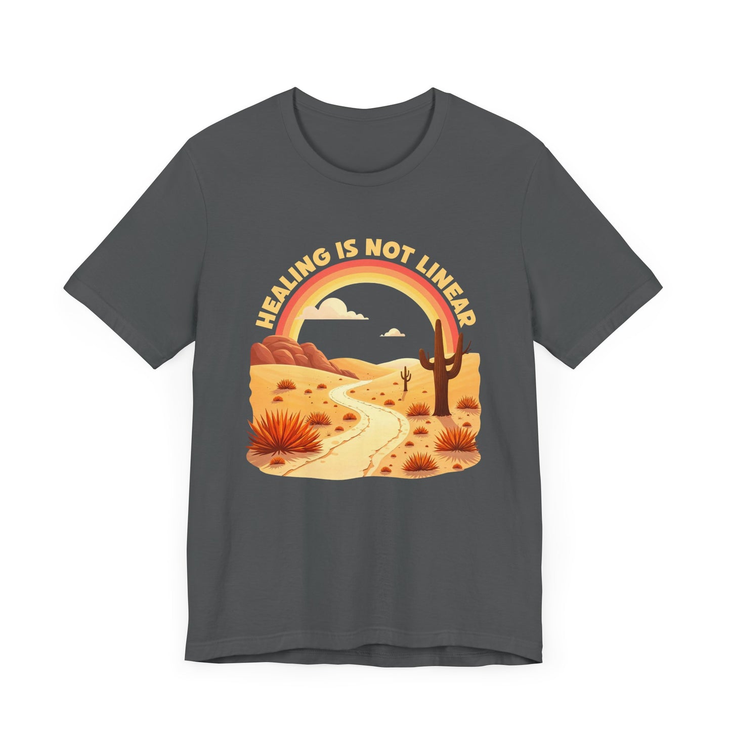 Healing Is Not Linear – Warm Desert Rainbow & Winding Road Graphic T-Shirt