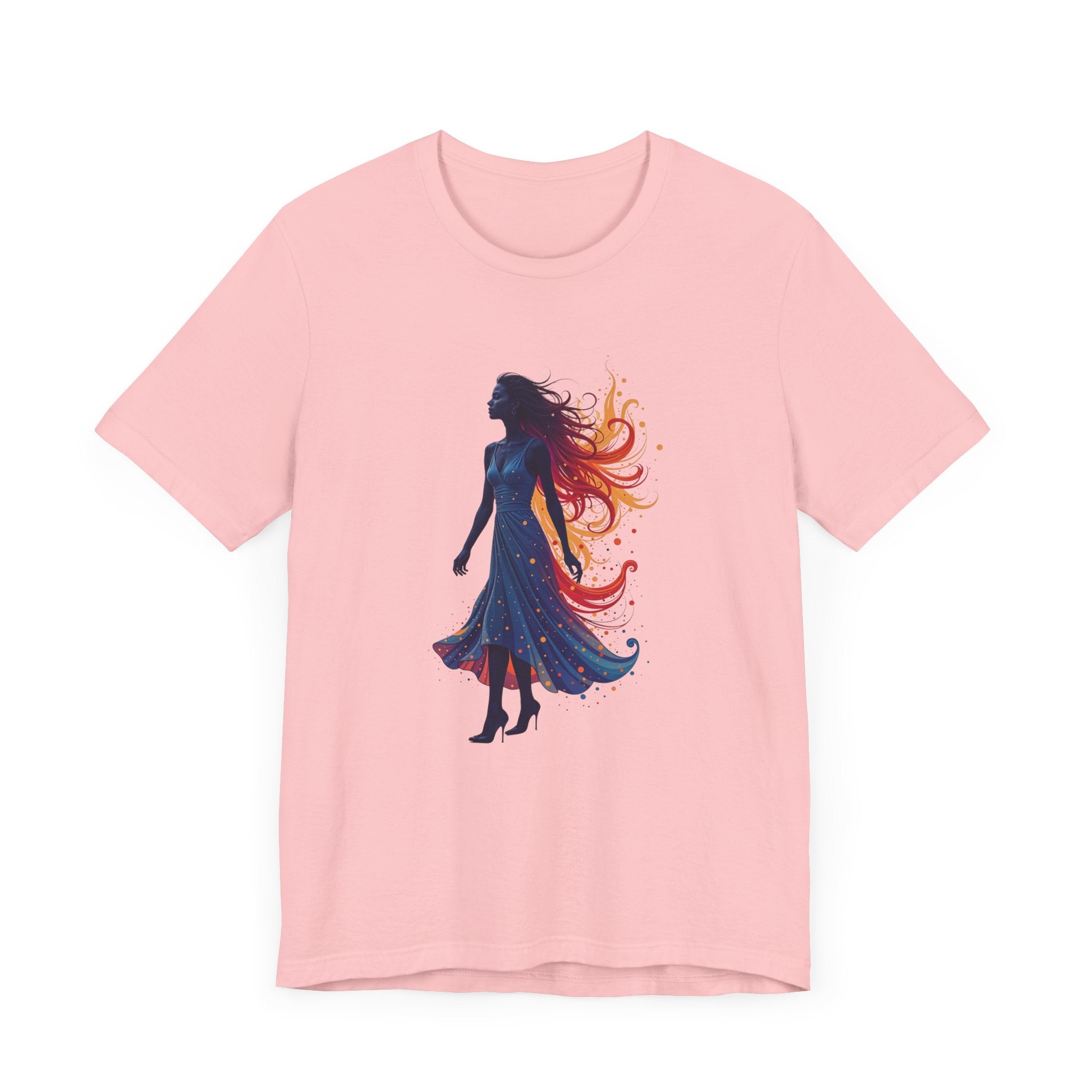 Graceful Woman with Swirling Autumn Aura – Abstract Colorful Swirl Graphic T-Shirt