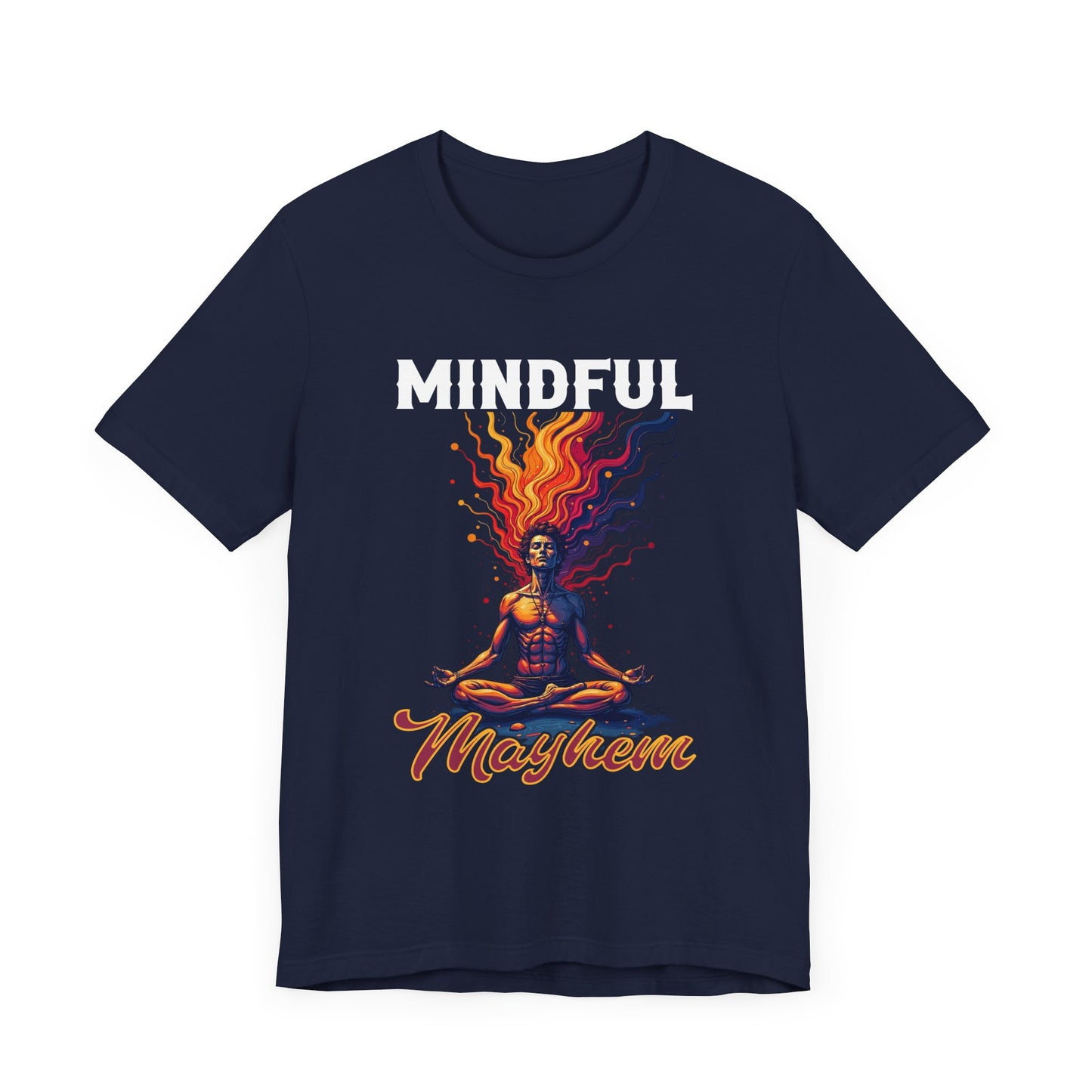 Mindful Mayhem – Meditating Man with Rising Flames Graphic T-Shirt
