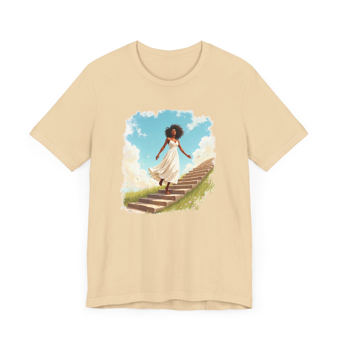 Graceful Woman in White Dress Walking on Stairs – Blue Sky & Green Ground Graphic T-Shirt