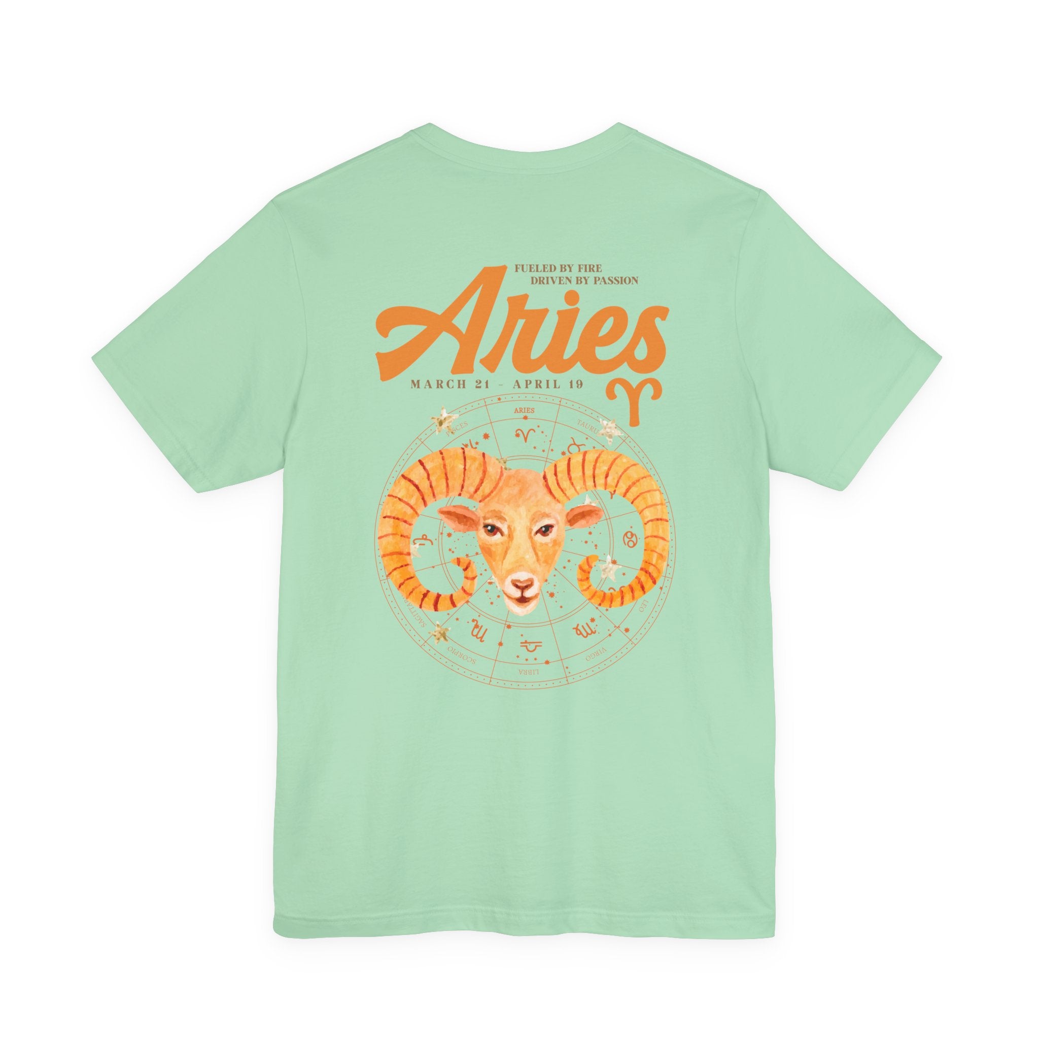 Aries Fueled by Fire T-Shirt – Ram Head with Zodiac Astrological Wheel
