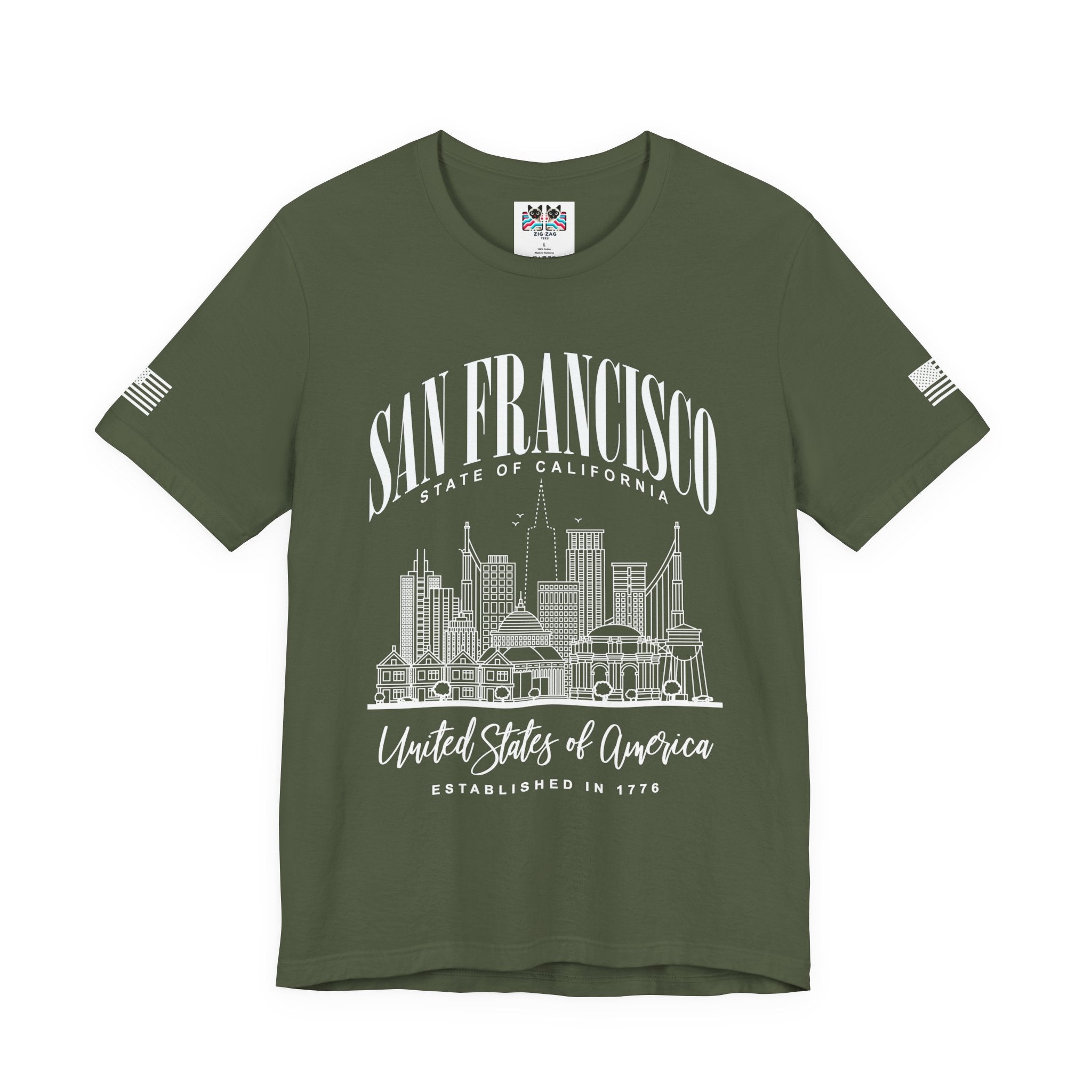 San Francisco State of California T-Shirt – Detailed Skyline Outline Established 1776 United States of America Tee