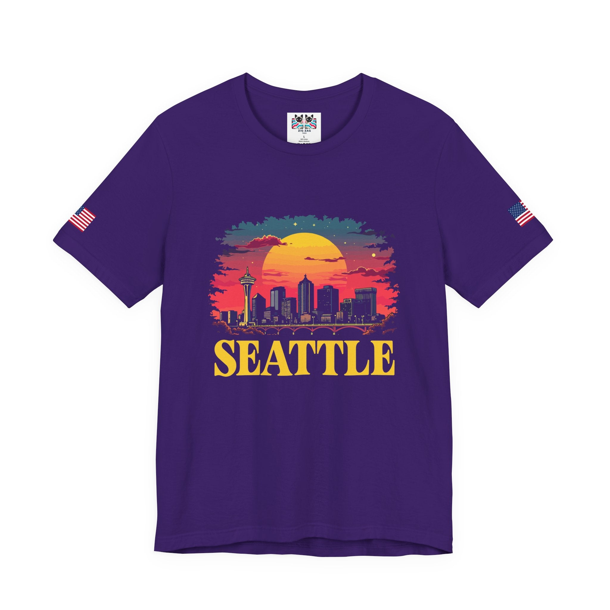 Seattle Retro Sunset Skyline Graphic T-Shirt | Emerald City Space Needle Night Sky Tee | Seattle Souvenir Shirt