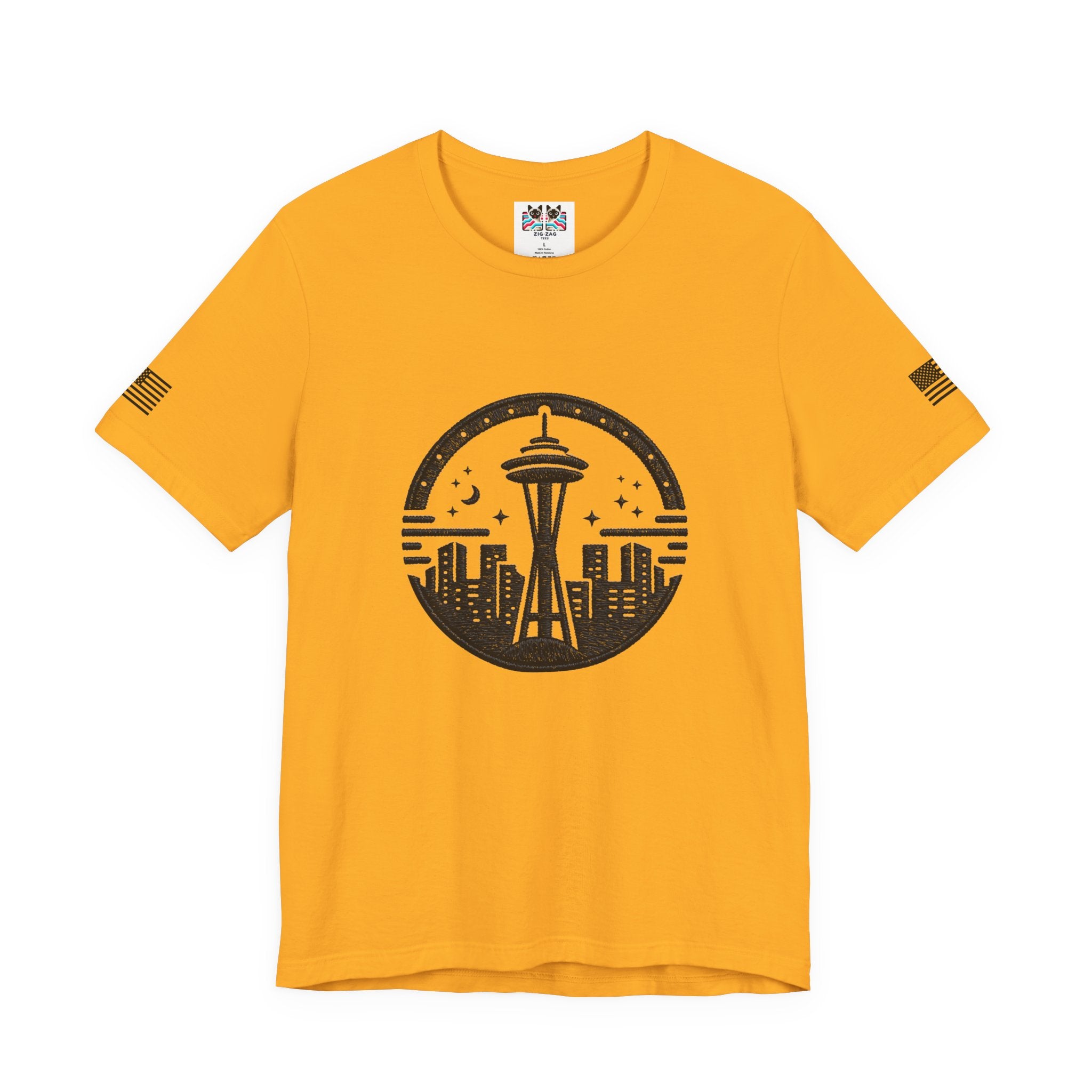 Seattle Space Needle Night Sky Circle Emblem Graphic T-Shirt | Seattle Souvenir Tee | Emerald City Emblem Shirt