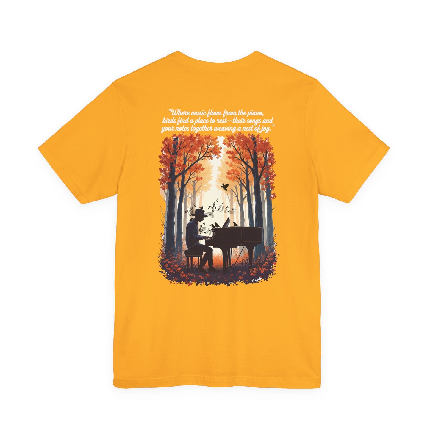 Music & Nature Harmony T-Shirt – Grand Piano in Autumn Forest Scene [White Text]