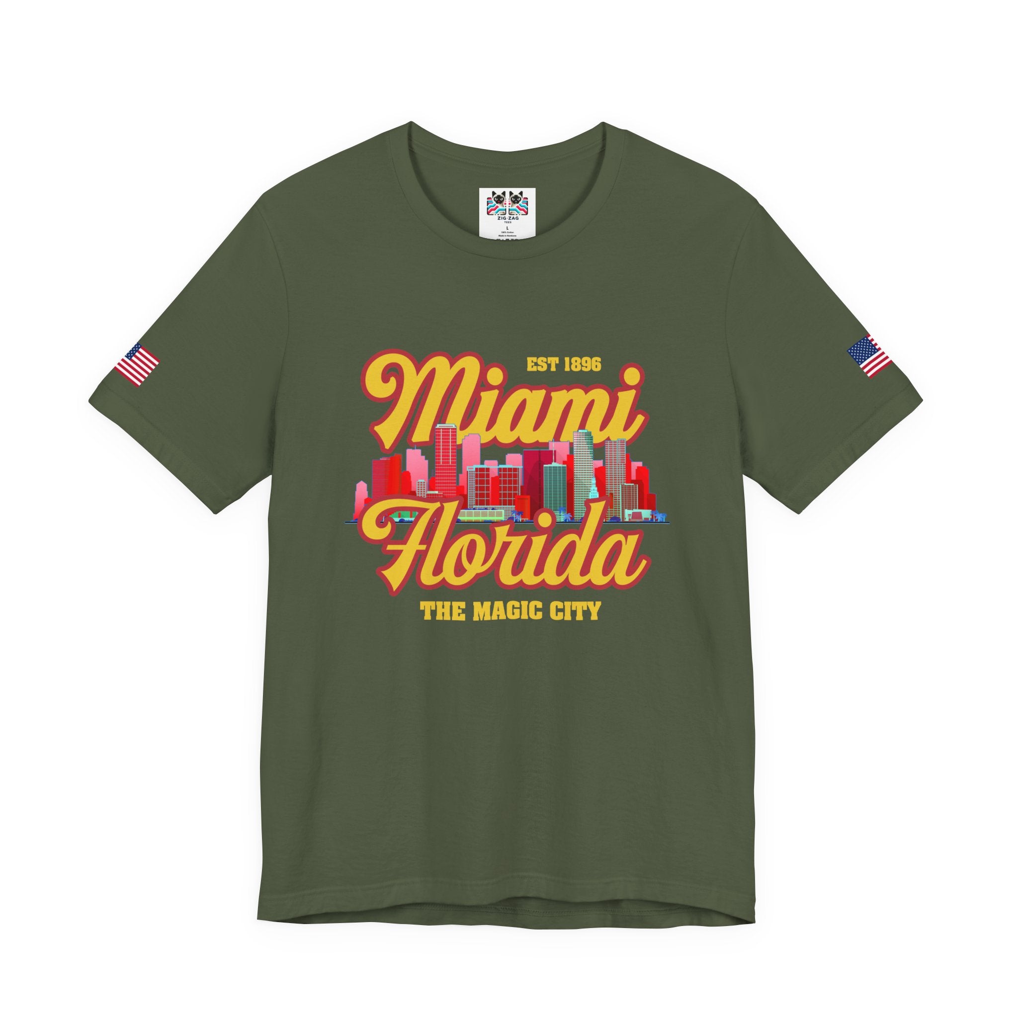 Miami Florida EST 1896 The Magic City T-Shirt – Retro Script Colorful Skyline Tee