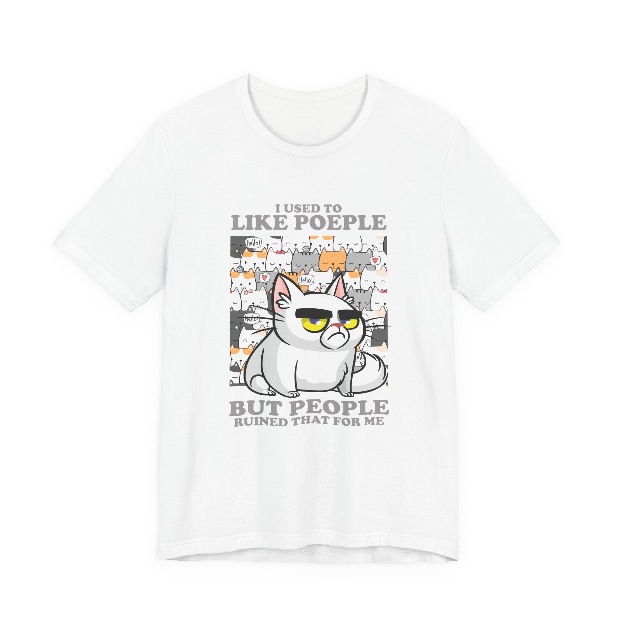 I Used To Like People But People Ruined That For Me T-Shirt – Moody Cat and Cats Background Graphic Tee