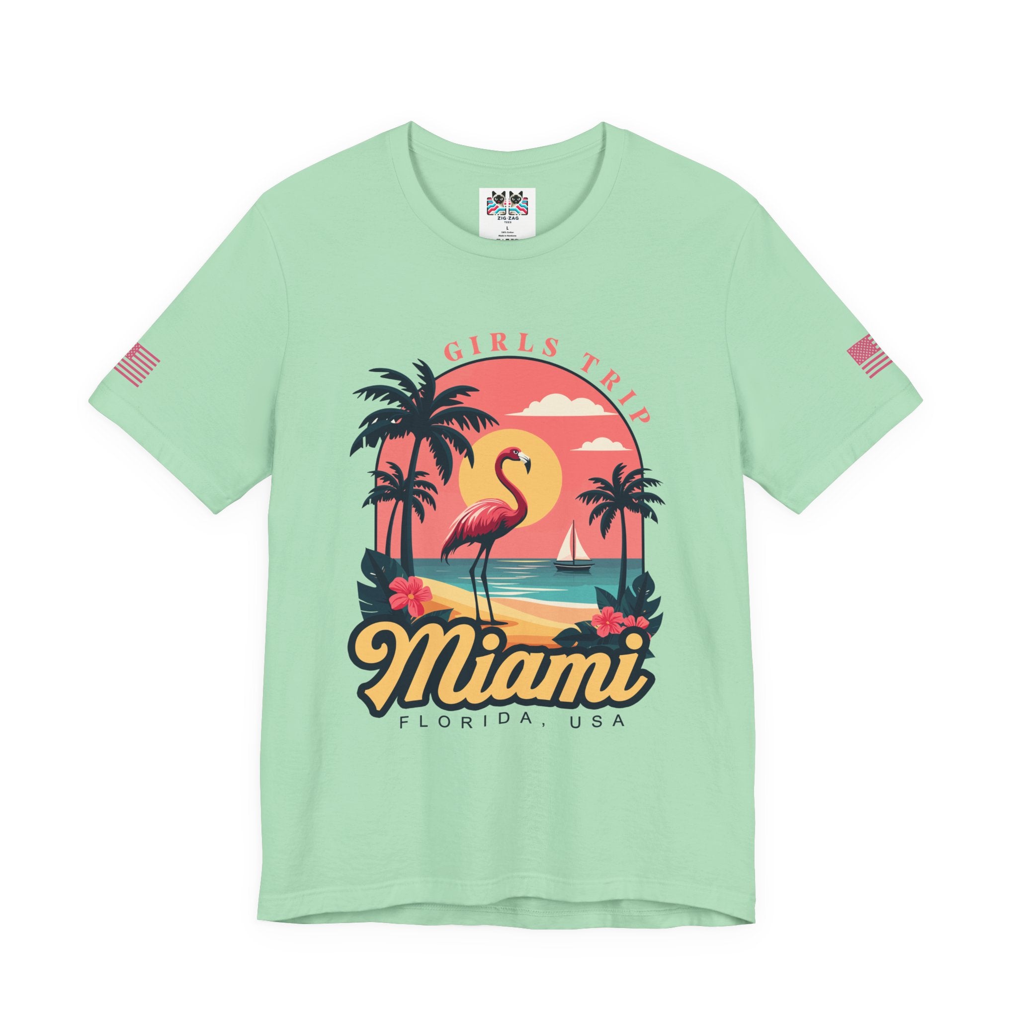 Miami Girls Trip Florida USA T-Shirt – Flamingo Sunset Palm Tree Beach Graphic Tee