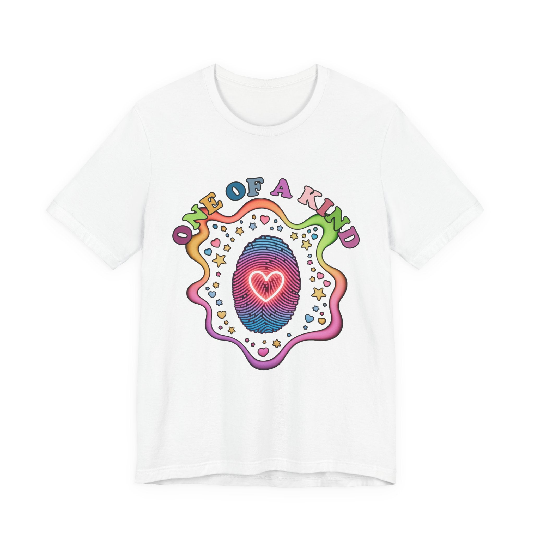 One of a Kind – Embrace Your Uniqueness Colorful Abstract Embryo with Fingerprint & Glowing Heart Graphic T-Shirt