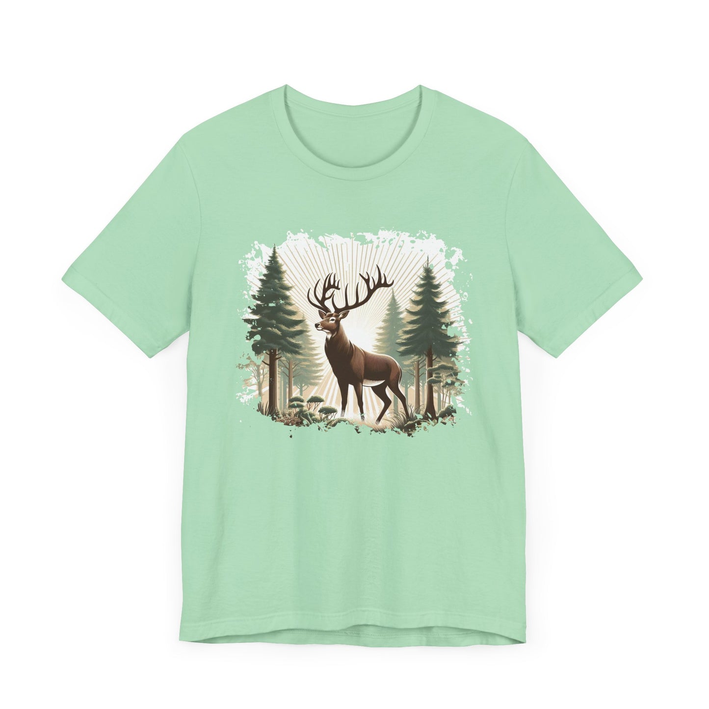 Majestic Deer with Large Antlers | Sunlight Through Foggy Forest Graphic T-Shirt