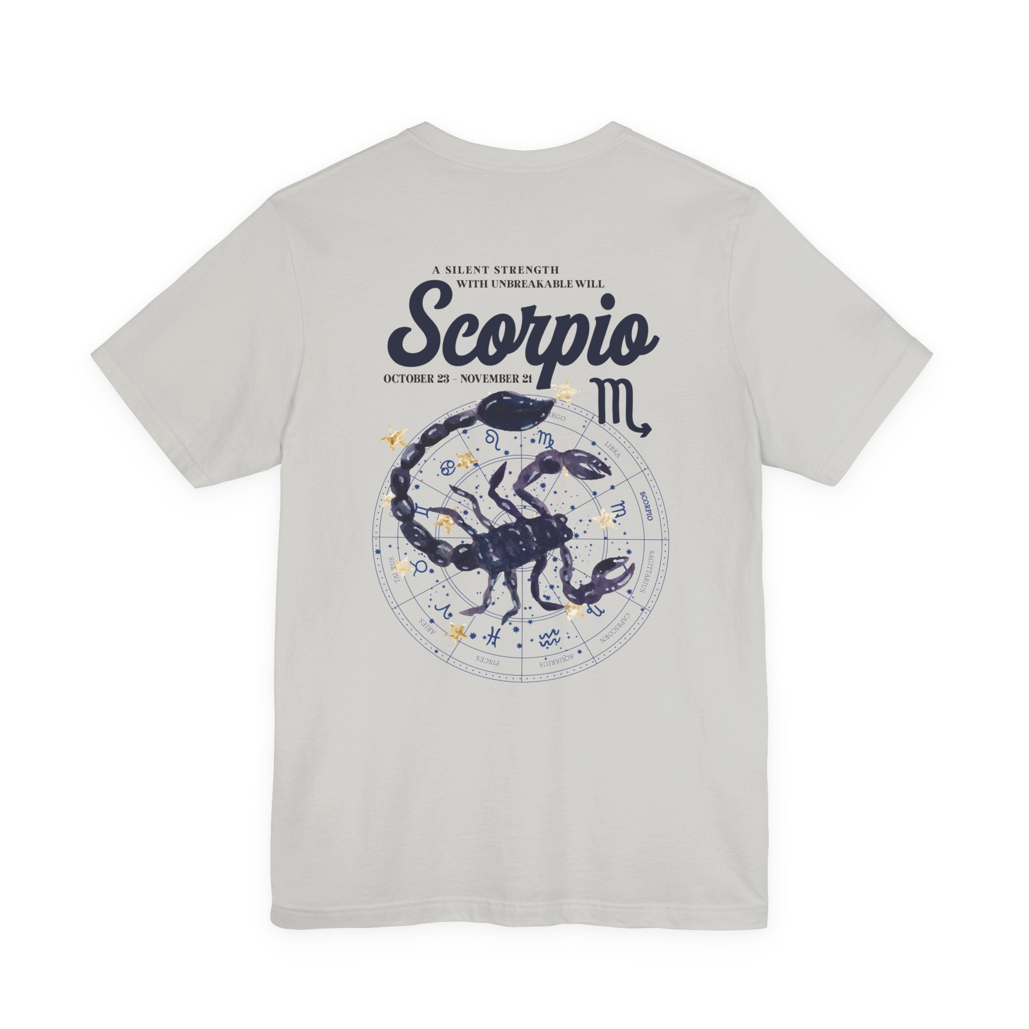 Scorpio Silent Strength T-Shirt – Scorpion with Zodiac Calendar Background