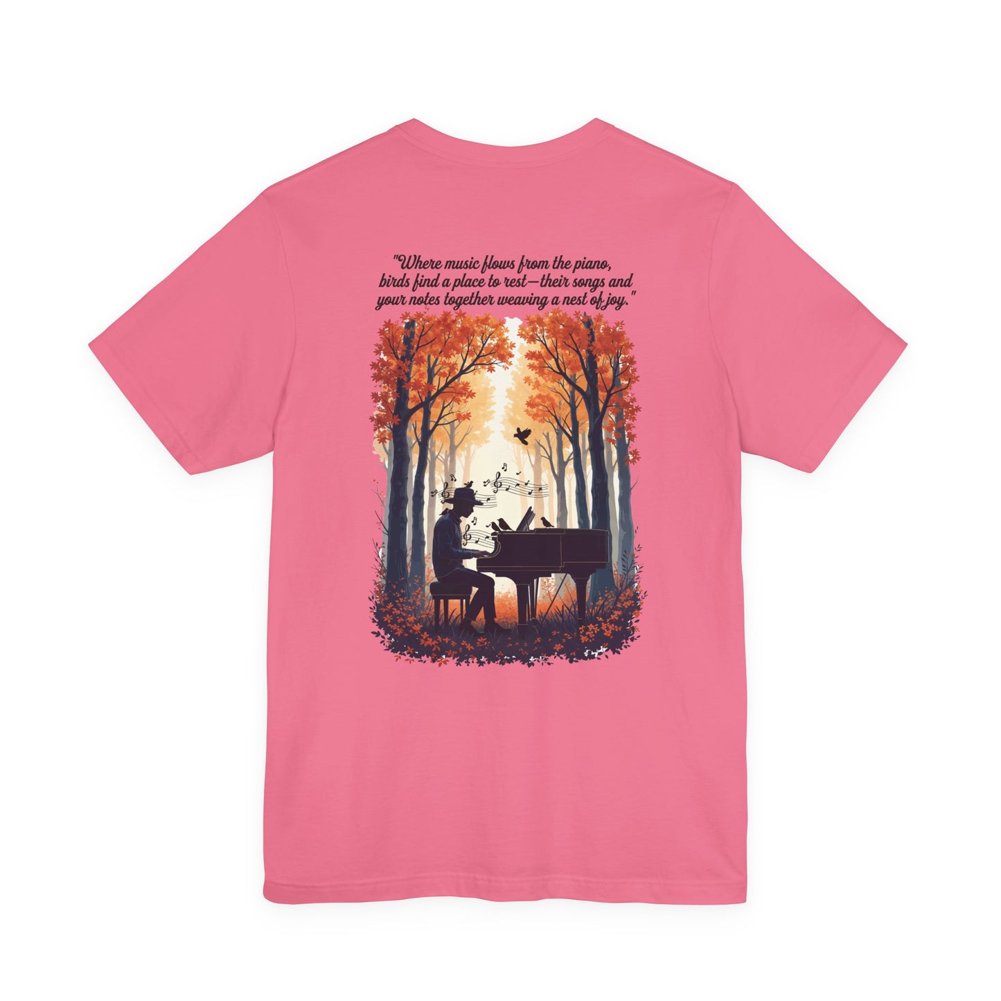 Music & Nature Harmony T-Shirt – Grand Piano in Autumn Forest Scene [Black Text]