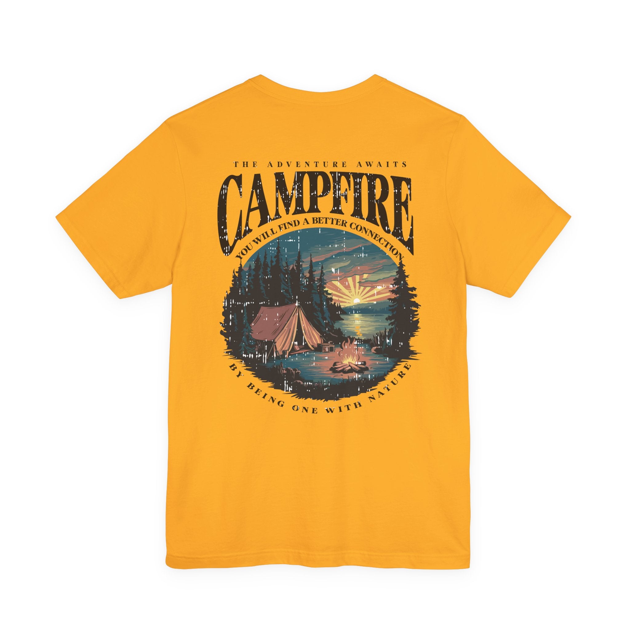 The Adventure Awaits Campfire T-Shirt – Forest Sunset Reflection Graphic