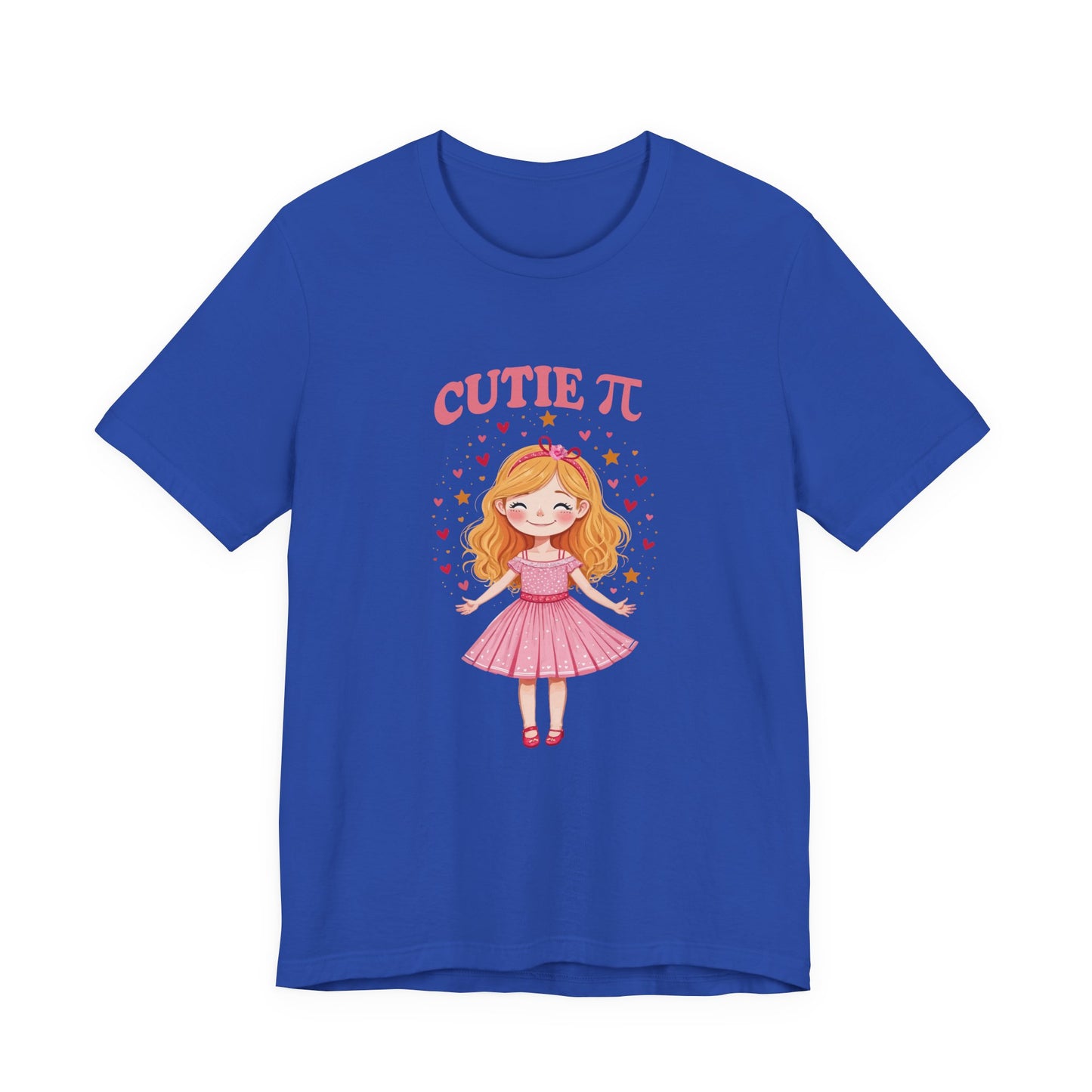 Cutie Pi Tshirt – Happy Girl with Pi Symbol, Hearts, and Stars Graphic