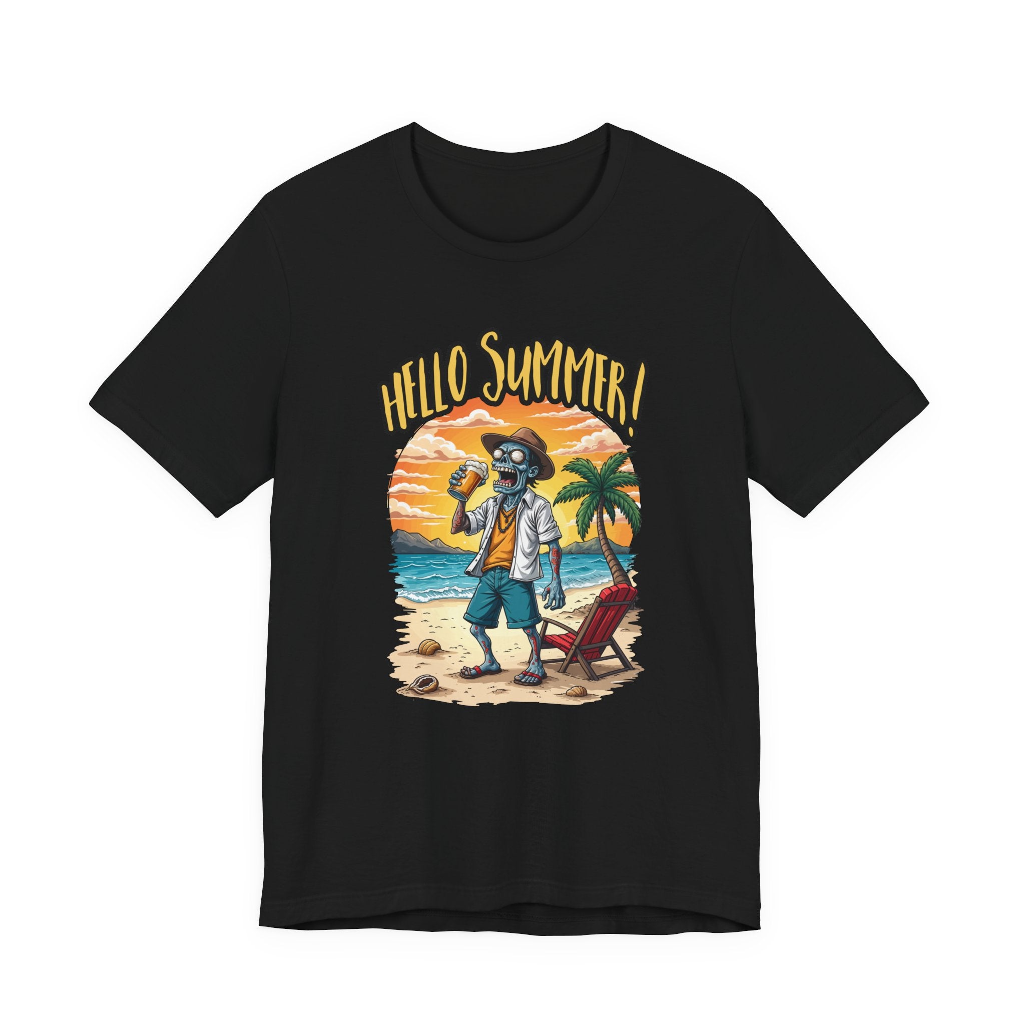 Hello Summer Tshirt Old Zombie with Cap, Beer Glass, Beach, Palm Trees & Reclining Chair