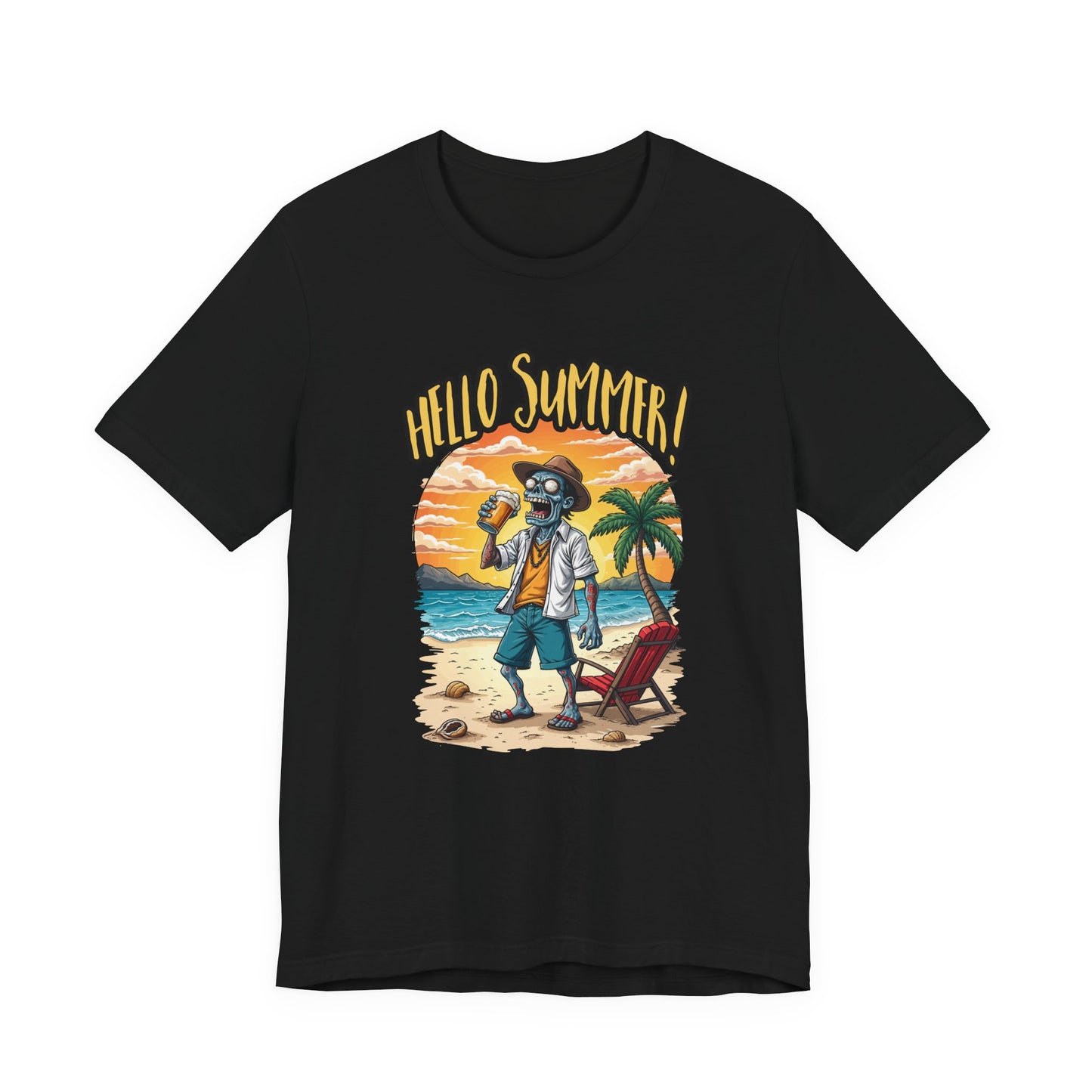 Hello Summer Tshirt Old Zombie with Cap, Beer Glass, Beach, Palm Trees & Reclining Chair