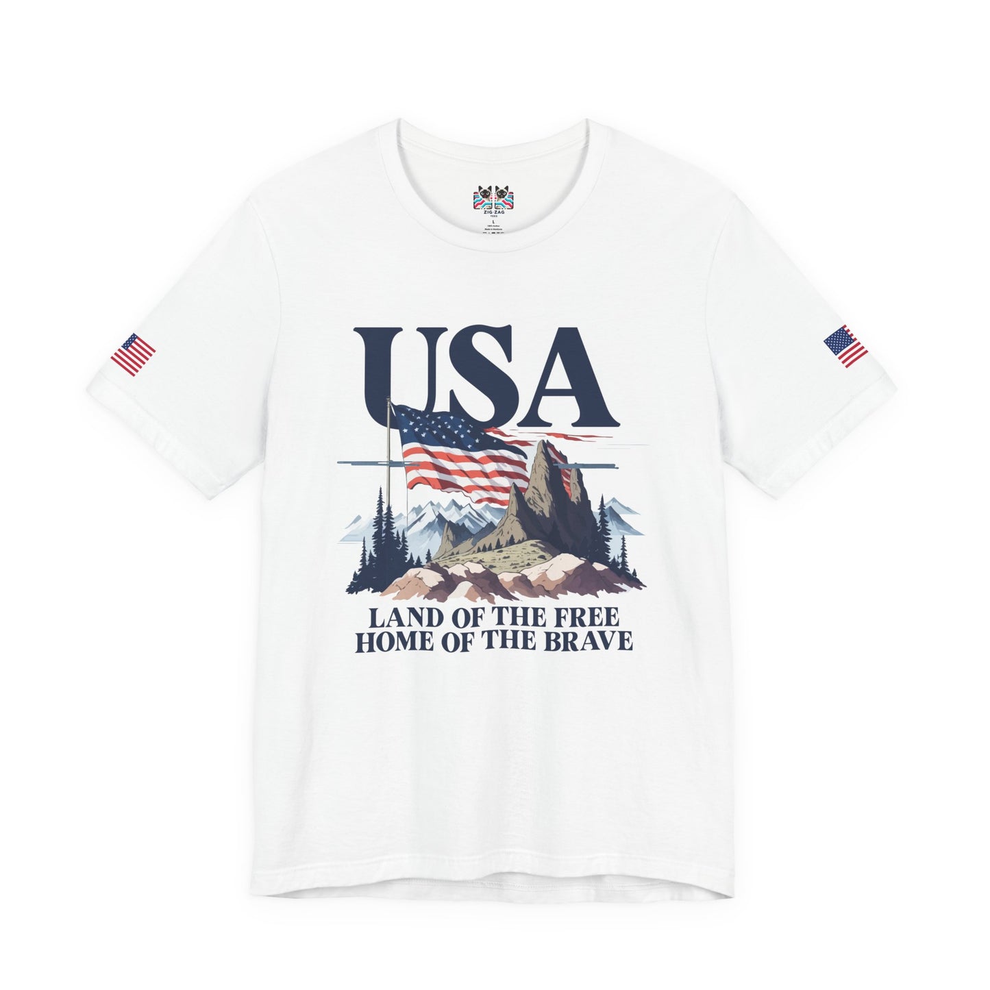 USA Land of the Free Home of the Brave T-Shirt – Mountain Flag Nature Patriotic Graphic Tee