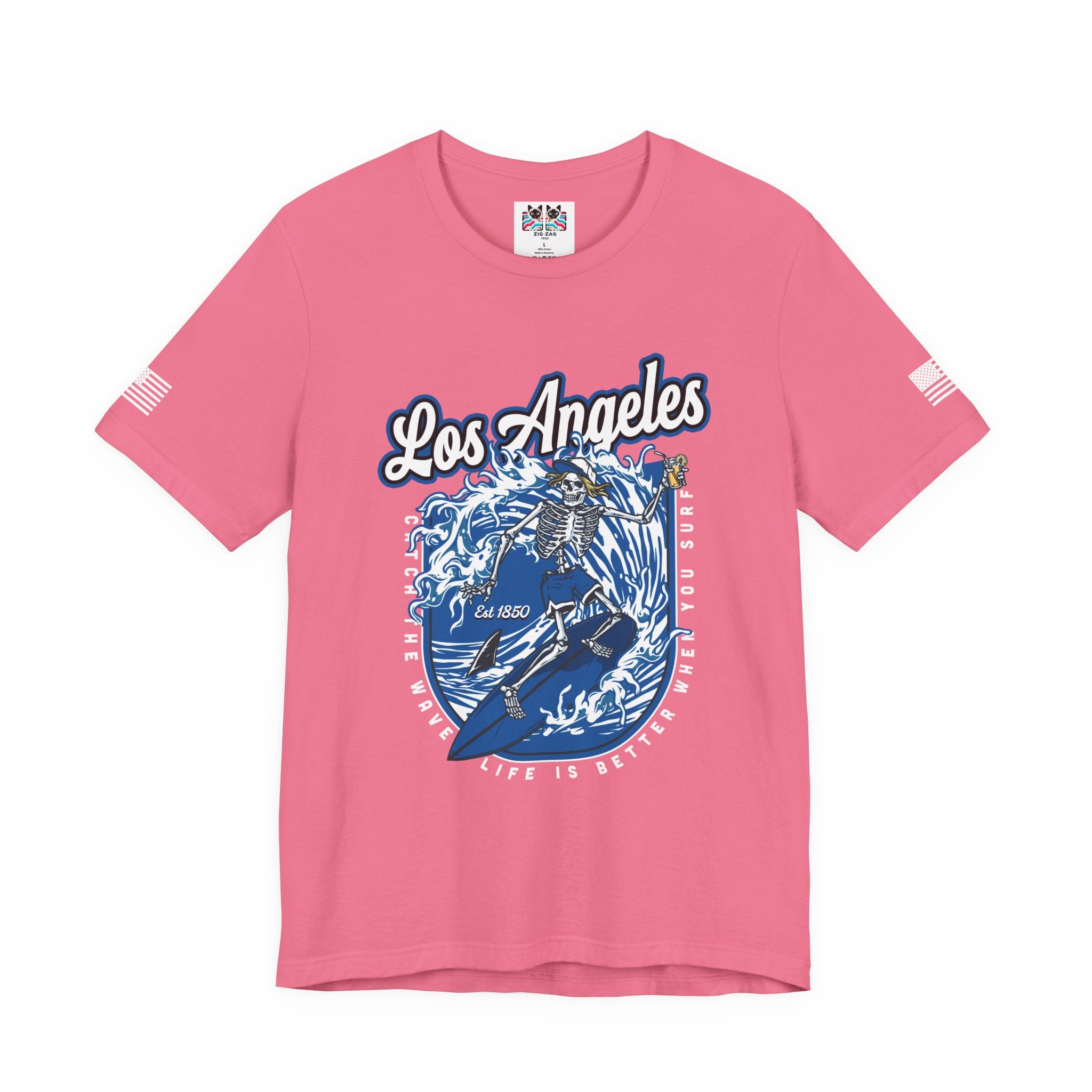 Los Angeles Skeleton Surfer T-Shirt – Life Is Better When You Surf CA EST 1850 Tee