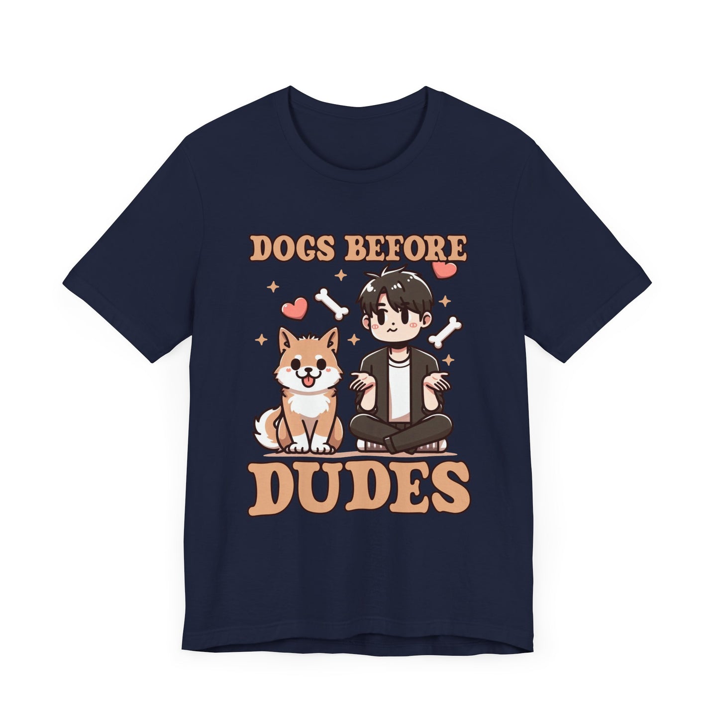 Dogs Before Dudes | Smiling Puppy & Surprised Boy with Hearts, Bones, and Stars T-Shirt