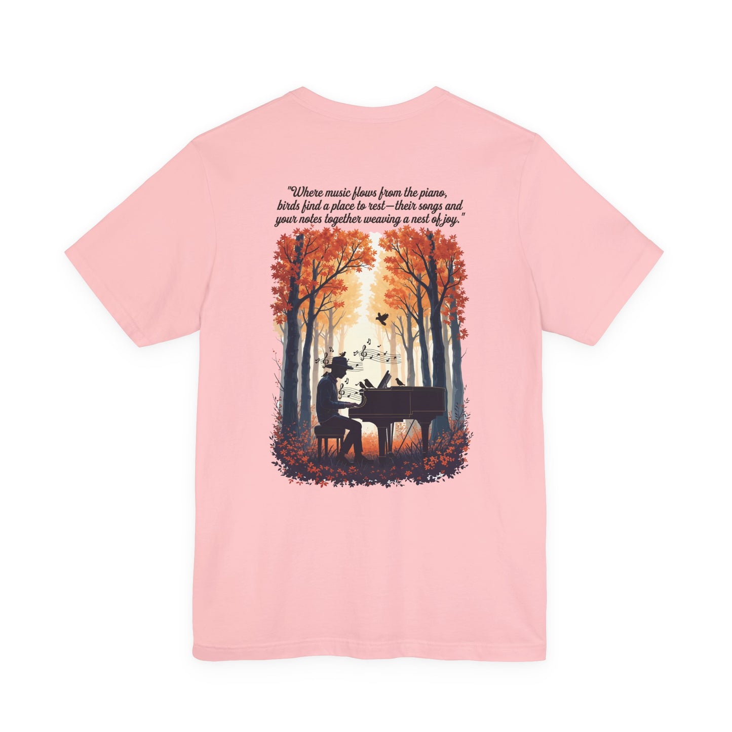 Music & Nature Harmony T-Shirt – Grand Piano in Autumn Forest Scene [Black Text]
