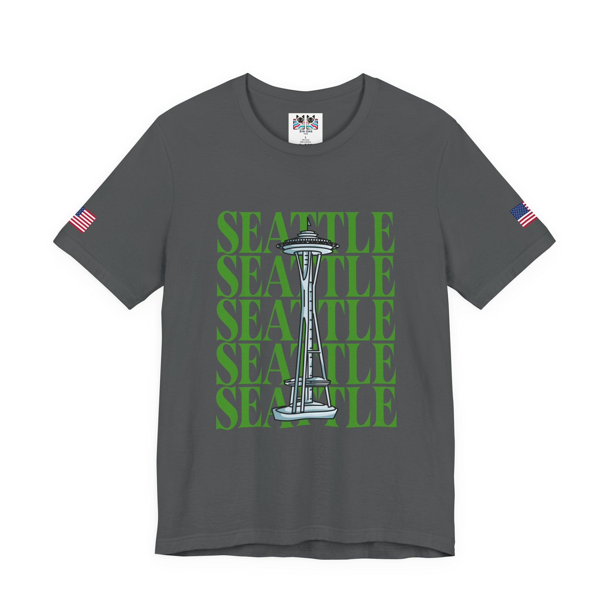 Seattle Repeated Text Space Needle Graphic T-Shirt | Seattle Washington Souvenir Tee | Space Needle Pride Shirt