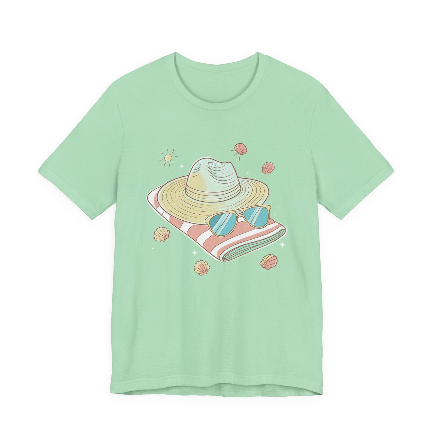 Sun Kissed & Carefree Beach Day Essentials – Towel, Sunglasses & Hat with Sun and Seashells Graphic T-Shirt