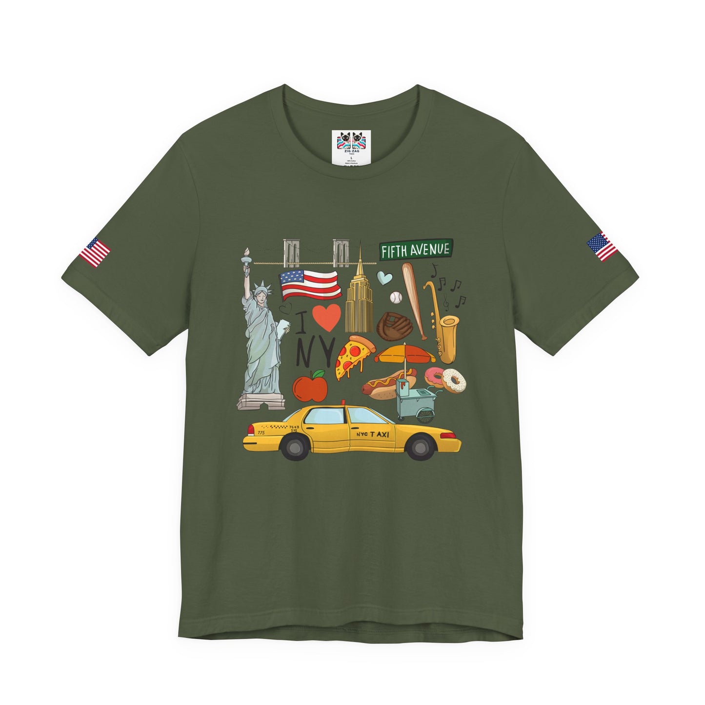I Love NY T-Shirt - New York City Icons Graphic Tee with Statue of Liberty, Taxi & Food
