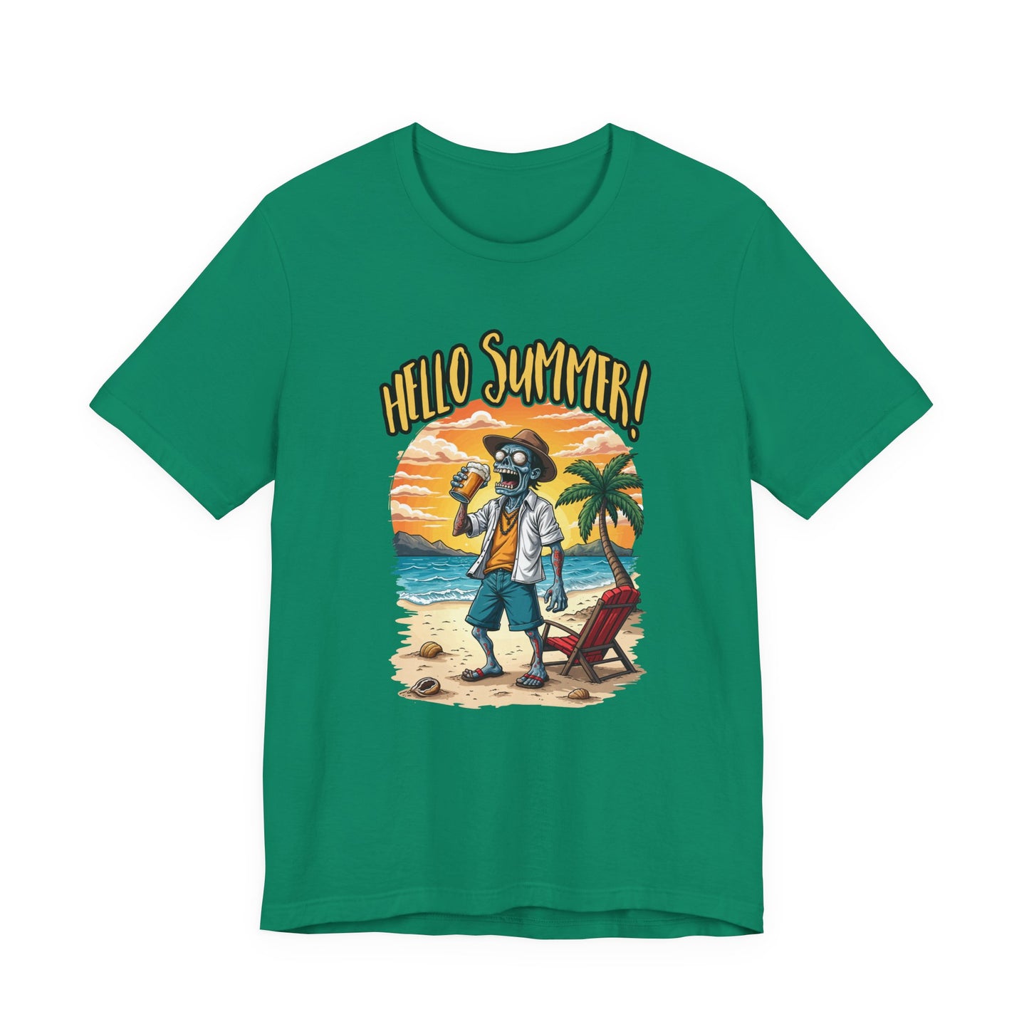 Hello Summer Tshirt Old Zombie with Cap, Beer Glass, Beach, Palm Trees & Reclining Chair