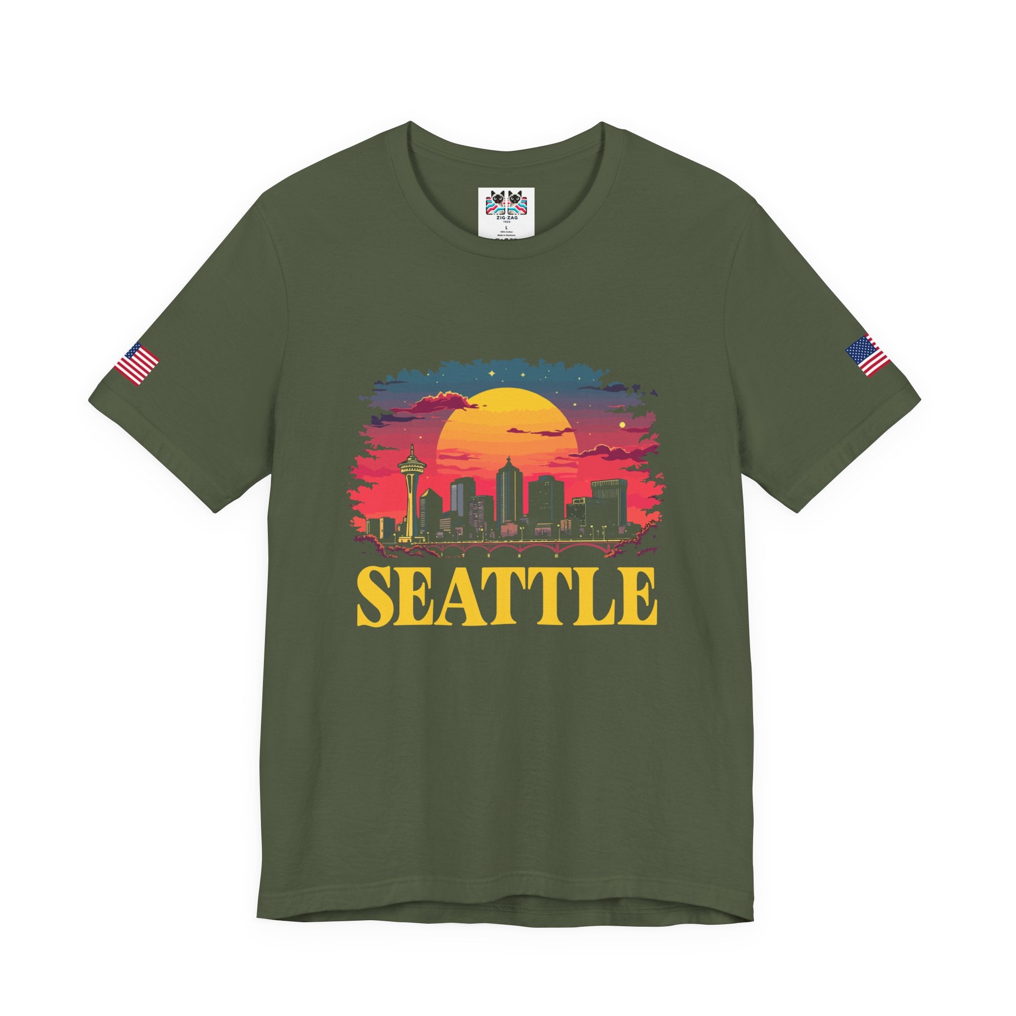 Seattle Retro Sunset Skyline Graphic T-Shirt | Emerald City Space Needle Night Sky Tee | Seattle Souvenir Shirt