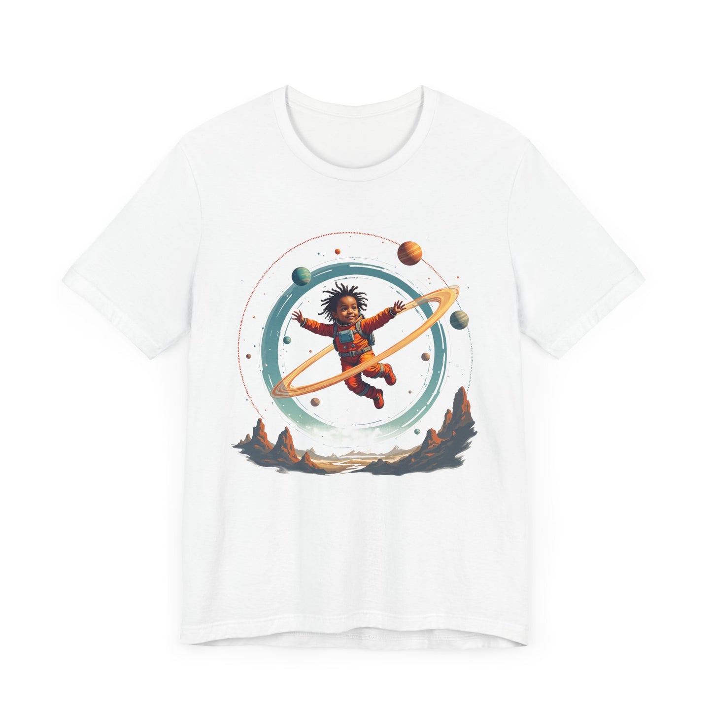Toddler Flying in Spacesuit with Revolving Planets Space Adventure Graphic T-Shirt
