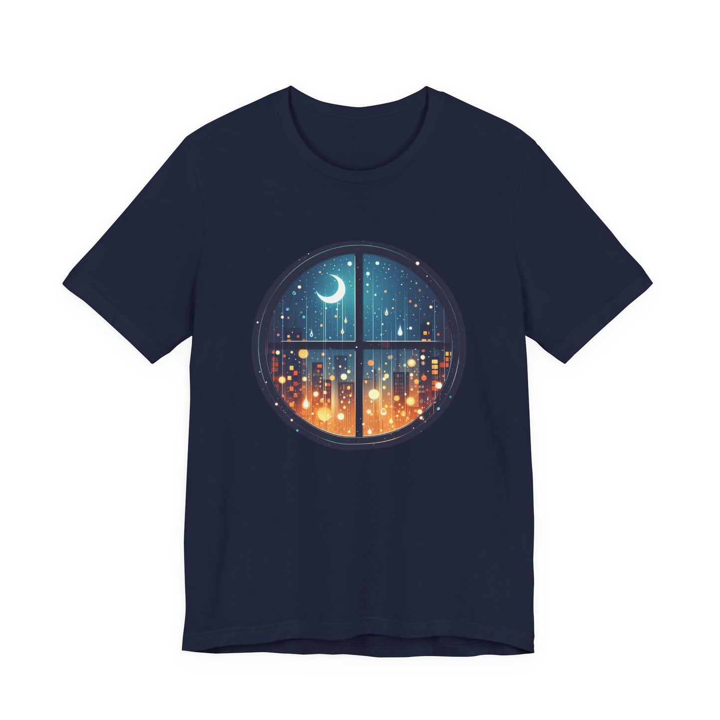 Dreaming Under Drizzles – Crescent Moon & Rainy Night in a City Window Graphic T-Shirt